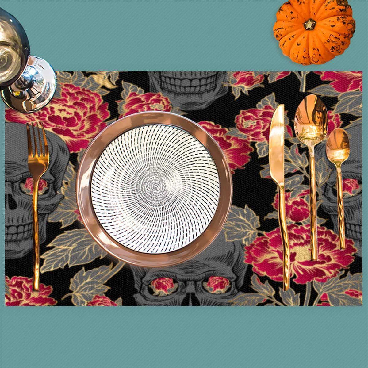 SEEKJOYS Placemats Creative Peony Prints Set of 4 12x18 Inch Stain Resistant Heat-Resistant Washable Durable PVC Table Mat for Home Decor Kitchen Table Skull Woven Vinyl Fall Placemats