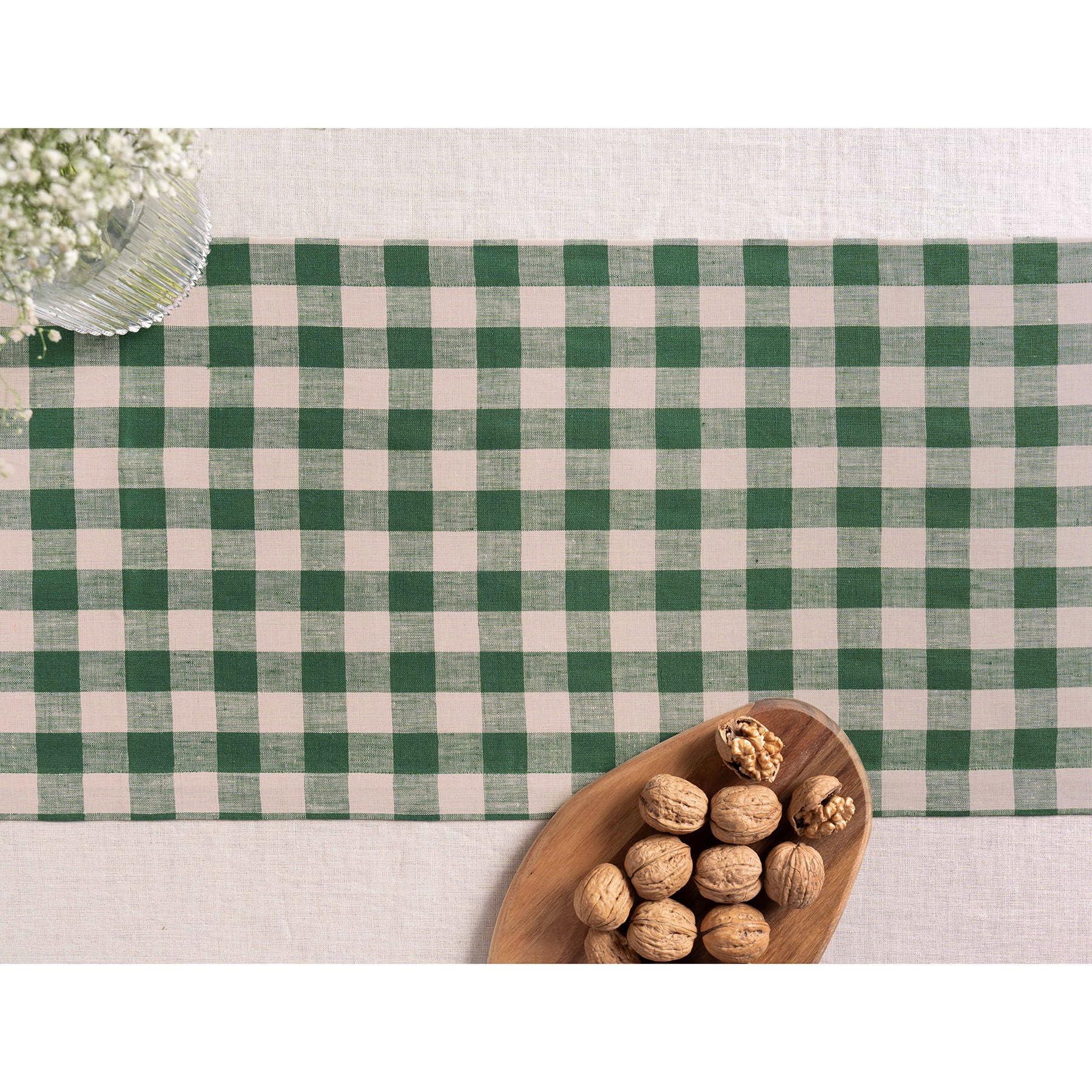 Solino Home Solino Home Linen Buffalo Check Table Runner 72 inches Long 100% Pure Linen Green and Natural Plaid Table Runner 14 x 72 Inch Farmhouse Table Runner, Morgan Check