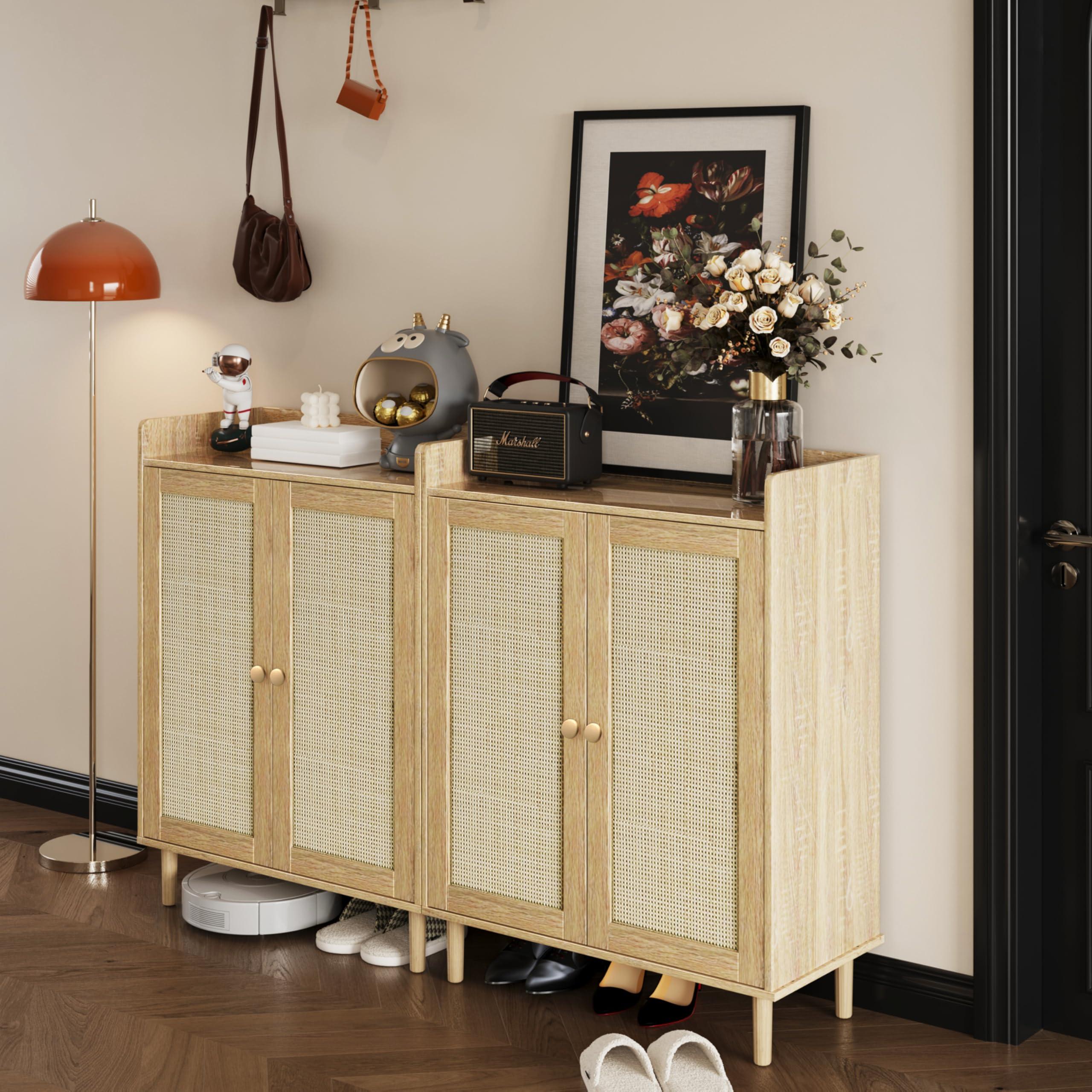 IANUE IANUE Shoe Cabinet - Rattan Shoe Cabinet for Entryway, Shoe Storage Cabinet with Adjustable Shelves, Farmhouse Freestanding Wood Shoe Rack Organizer for Closet, Living Room, Hallway