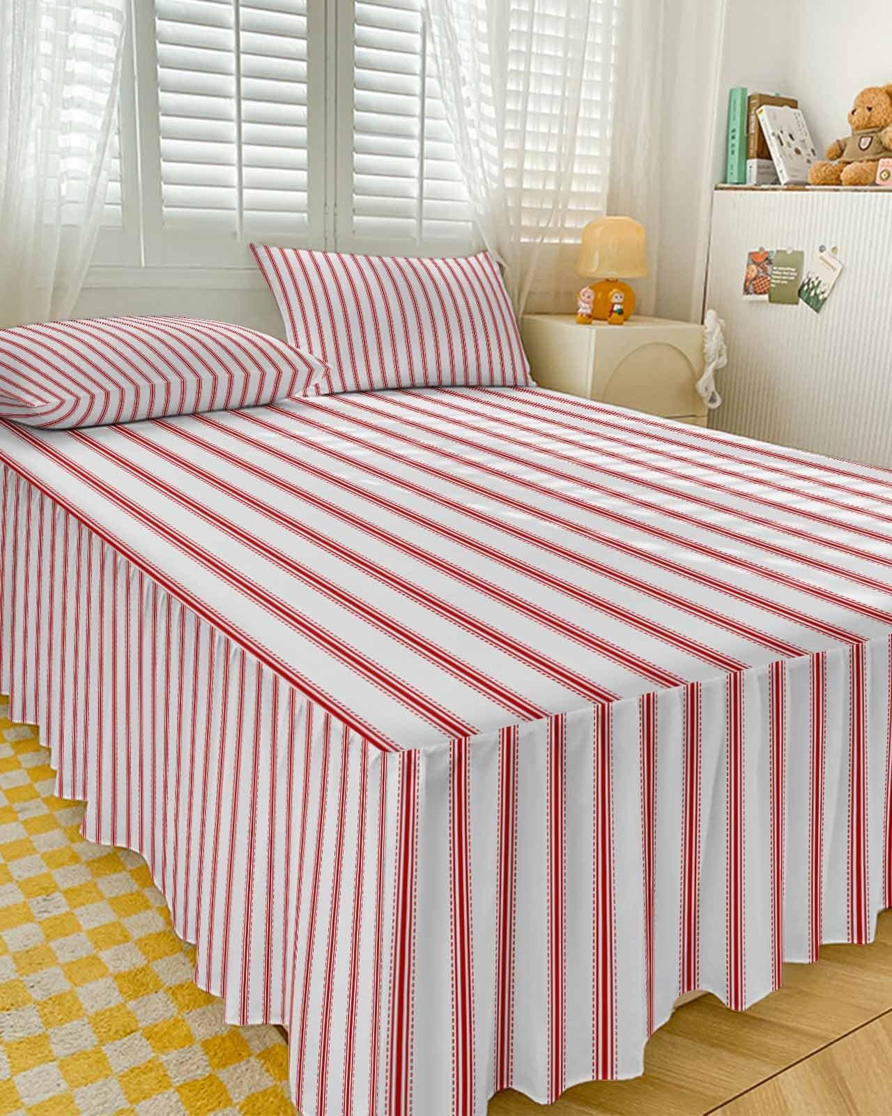 AMZRicher Red Stripes Wrap Around Pleated Bed Skirts for King Bed 78x80, Geometric Vertical Linens Modern Minimalism Decorative Dust Ruffle Bed Sheet & Bedskirt 18'' Drop Bedspread with Pillow Case 20x36