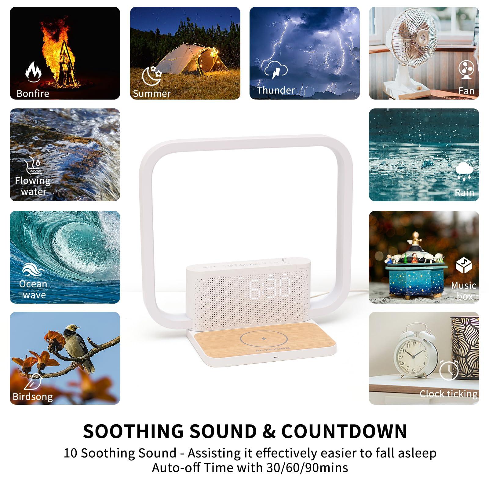 RETEYUNG RETEYUNG Bedside Lamps,Sunrise Alarm Clock for Heavy Sleepers,Table Lamp with Fast Wireless Charger Station for iPhone/Samsung,Wake Up Light Touch with Snooze/Timer/10 Natural Sounds/3 Dimmable