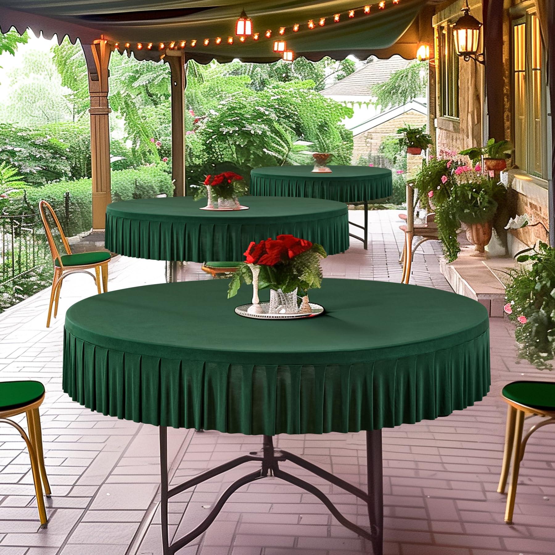 Party Talk 8 Pack Green Spandex Round Tablecloths for 60 inch Table, Stretchy Fitted 5FT Round Table Cloths Wrinkle Free Round Table Covers with Table Skirt for Christmas Wedding Banquet Birthday Party