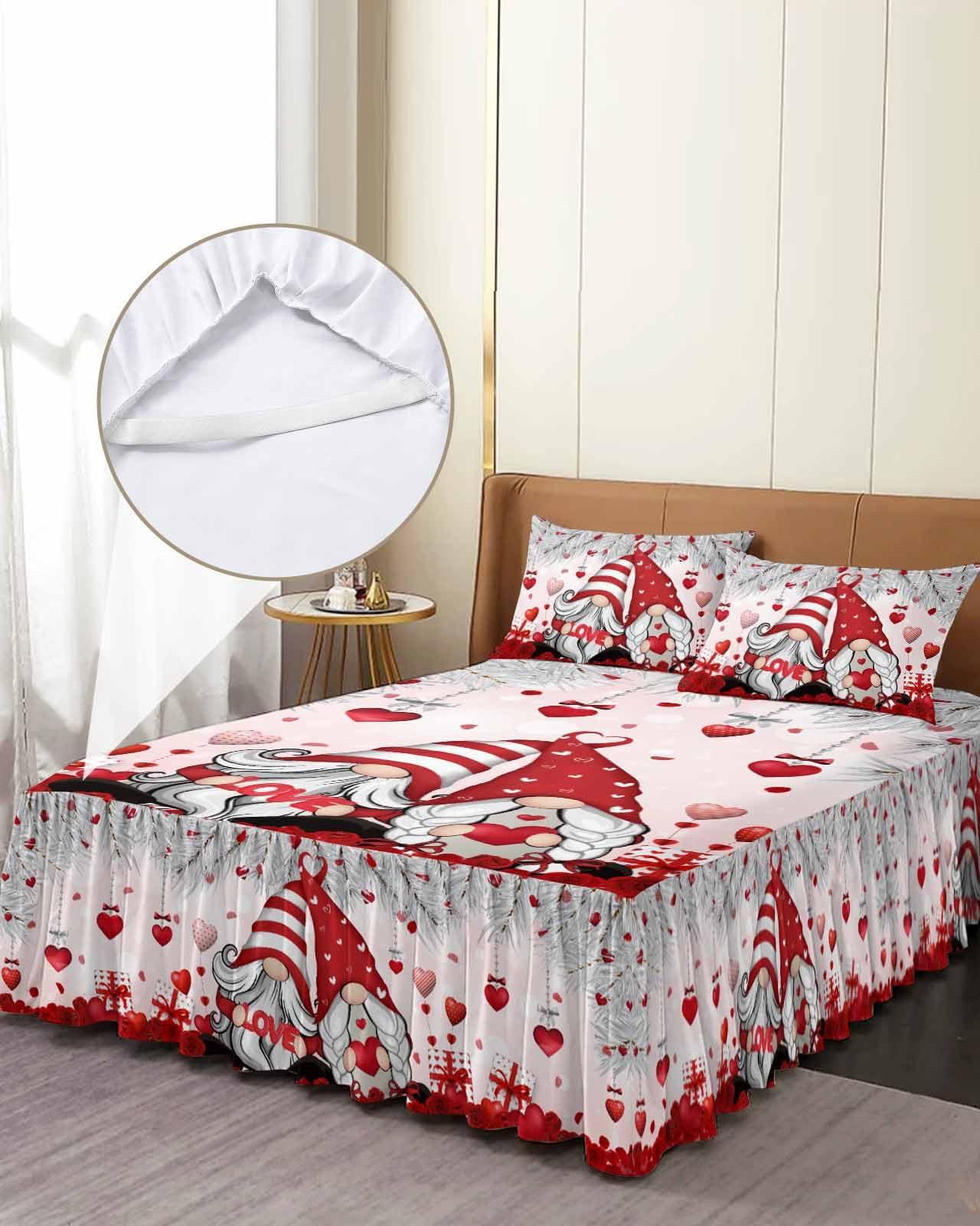 Jolunifun Valentine\'s Silver Gnomes Bed Skirt for Queen Size Bed,Wrap Around Bedding Skirt Gathered Dust Ruffle Bedskirt Sets with 2 Packs Matching Pillow Covers 30\"x20\",18 Inch Drop,Romantic Roses Hearts Red