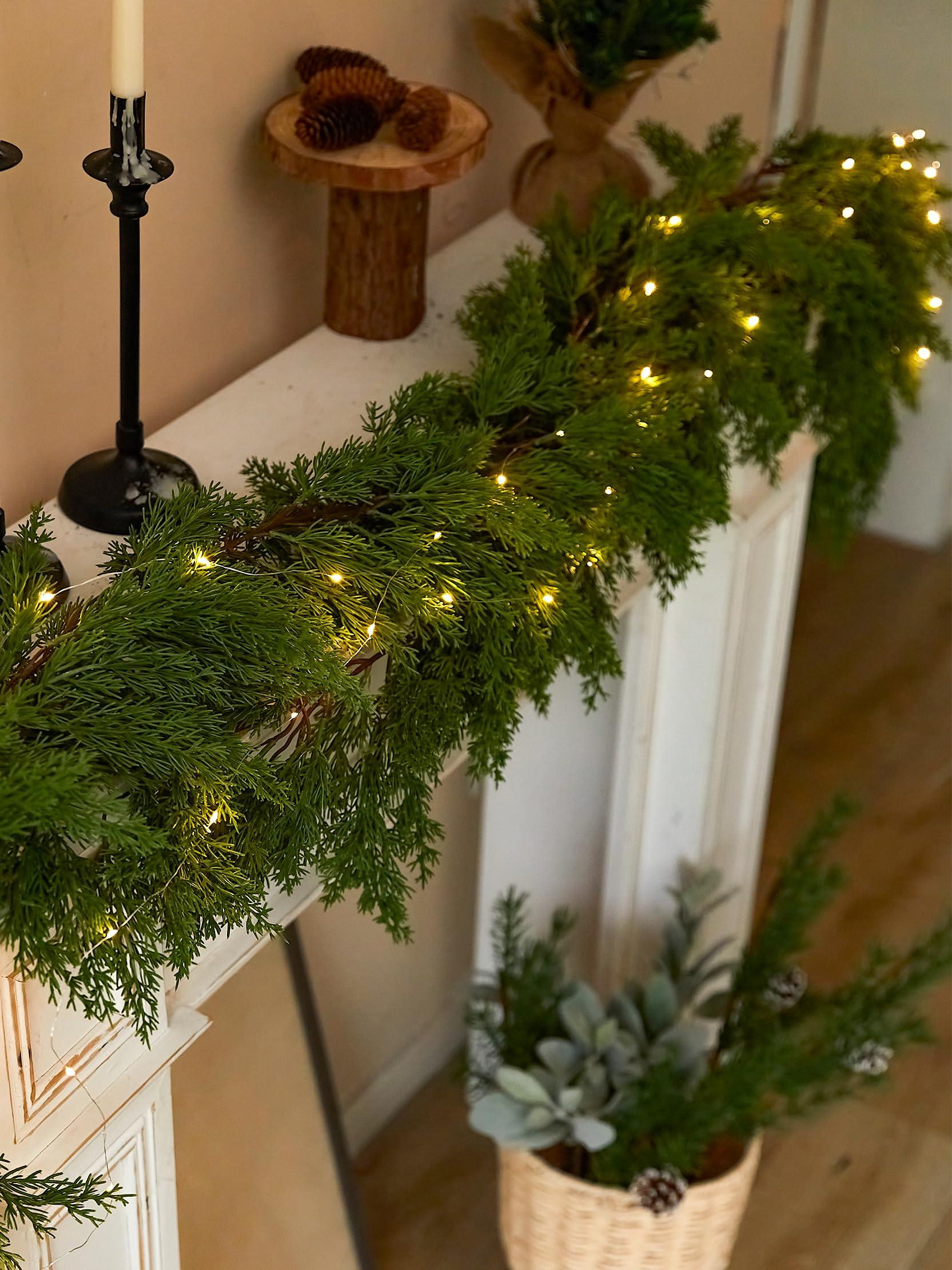 PARTY JOY 6FT PARTY JOY Seasonal Artificial Christmas Garland with Lights Pine Needle Cypress Garland for Holiday Winter Indoor Outdoor Decor