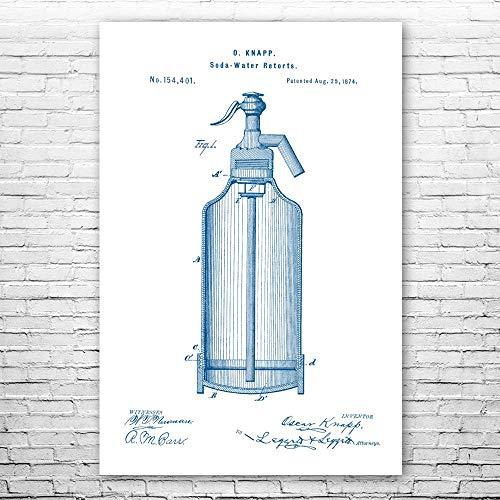 Patent Earth Seltzer Bottle Poster Print, Soda Brewery Art, Home Bar Decor, Bartender Gift, Pub Wall Art, Shaker Blueprint Blue & White (24 inch x 36 inch)