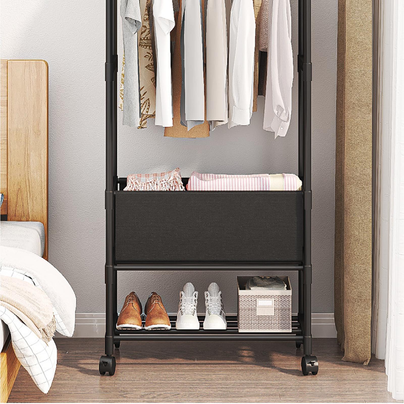 Libaroud Double Rods Clothing Rack with Wheels, Rolling Hanging Clothes Rack, Multi-functional Bedroom Clothes Rack for Bedroom, Living Room, Clothing Store