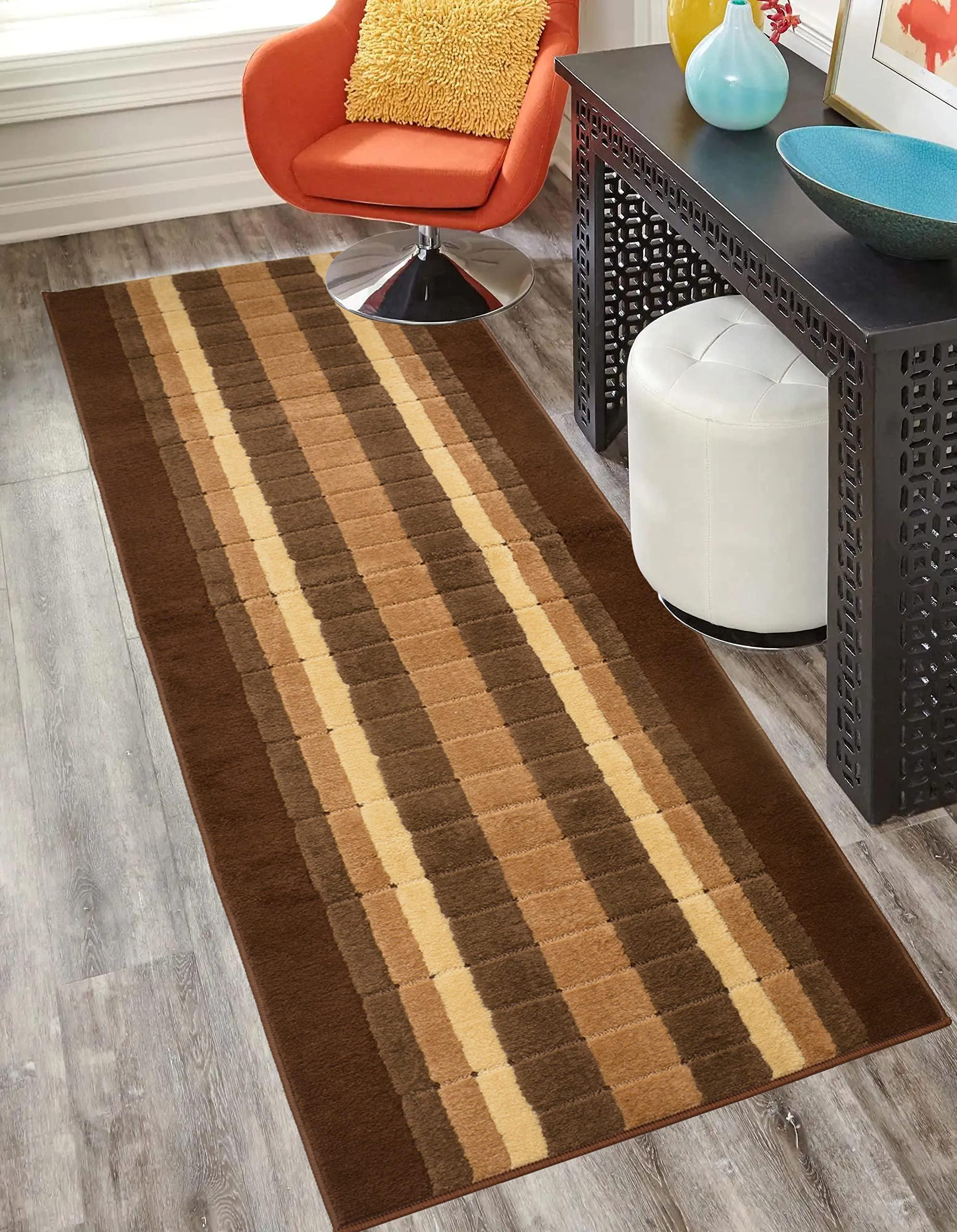 RugStylesOnline Washable Custom Size Runner Rug Squares Geometric Design Extra Long Runner Rugs for Hallways 26 Inch Wide x Pick Your Size by Feet Slip Skid Resistant Rubber Back (Square Brown, 24 ft x 26 in)