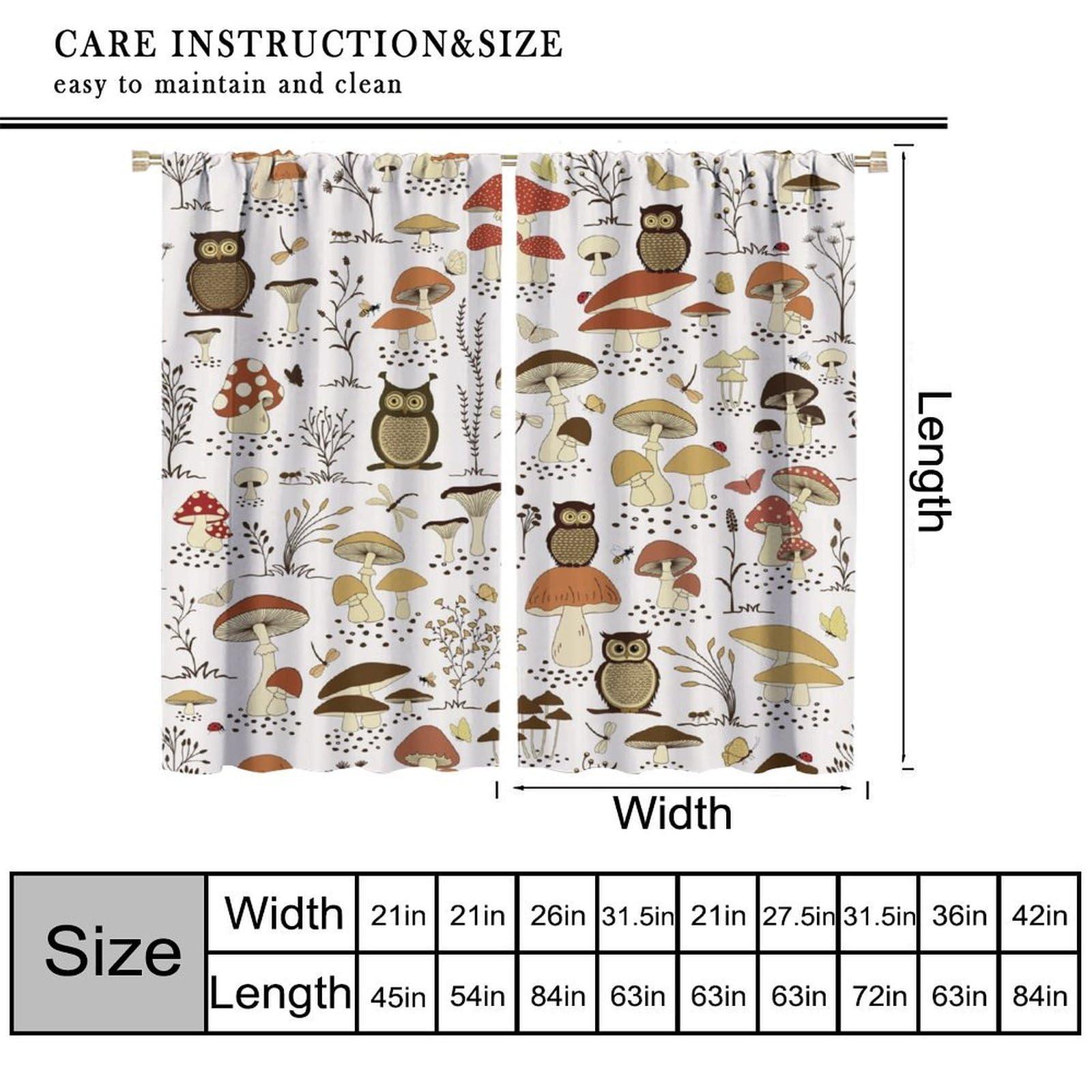 KANEPE Mushroom Blackout Curtains, Funny Cartoon Owls and Cute Cartoon Mushrooms Window Treatments, Rod Pocket Thermal Insulation Drapes for Bedroom Living Room Kitchen Decor, 55" W X 63" L