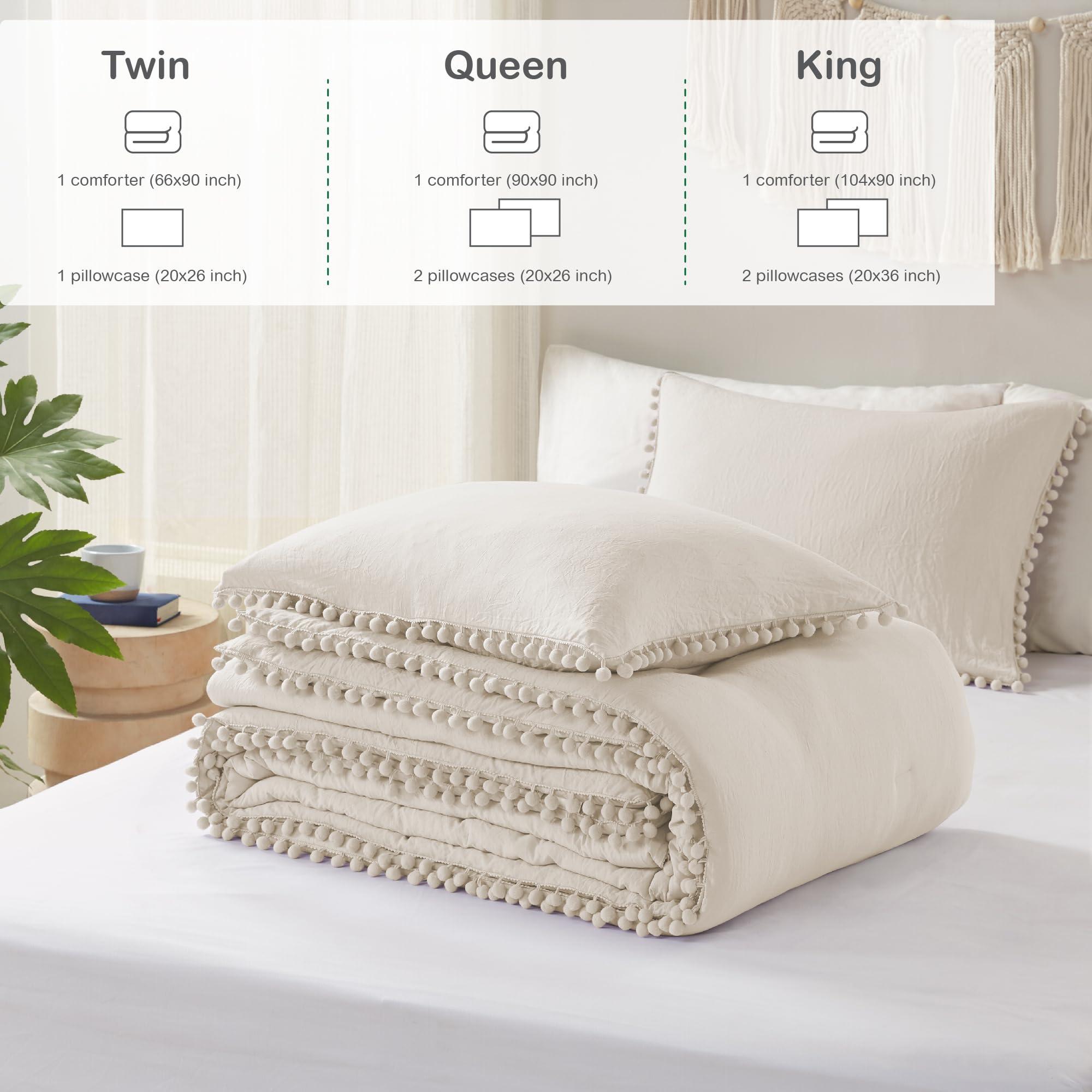 Codi Codi Beige Comforter Set Queen - Boho Aesthetic Pom Fringe Bedding for Teen Girls, Cute Soft Washed Microfiber Taupe Bed Sets, Lightweight 3pcs,1 Comforter & 2 Pillowcases (90x90 Inches)