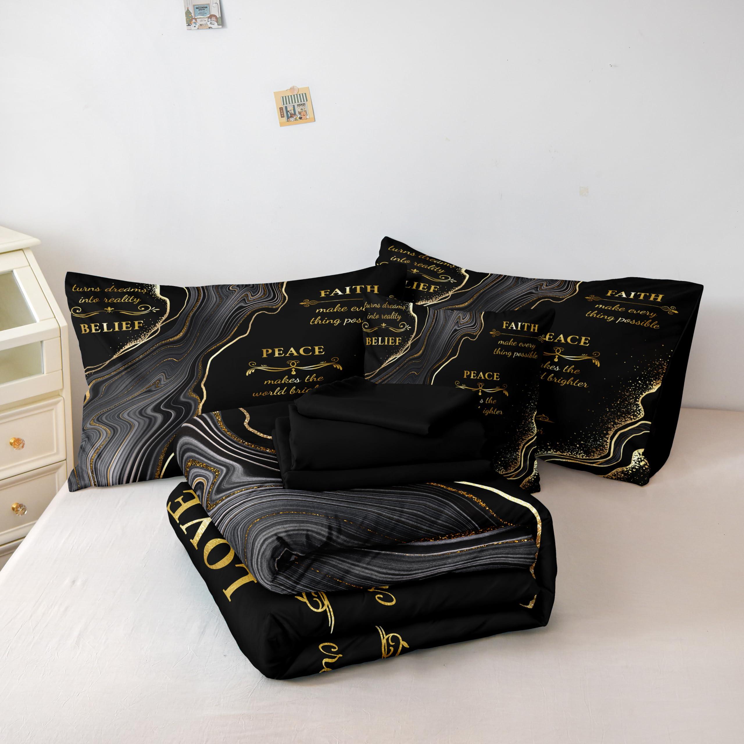 Herside Herside Marble Queen Comforter Set with Sheets,8 Pieces Black and Gold Queen Bed in a Bag Set,Inspirational Positive Energy Words Quilt Set,Modern Marble Texture Luxury Bedding Set for All Seasons