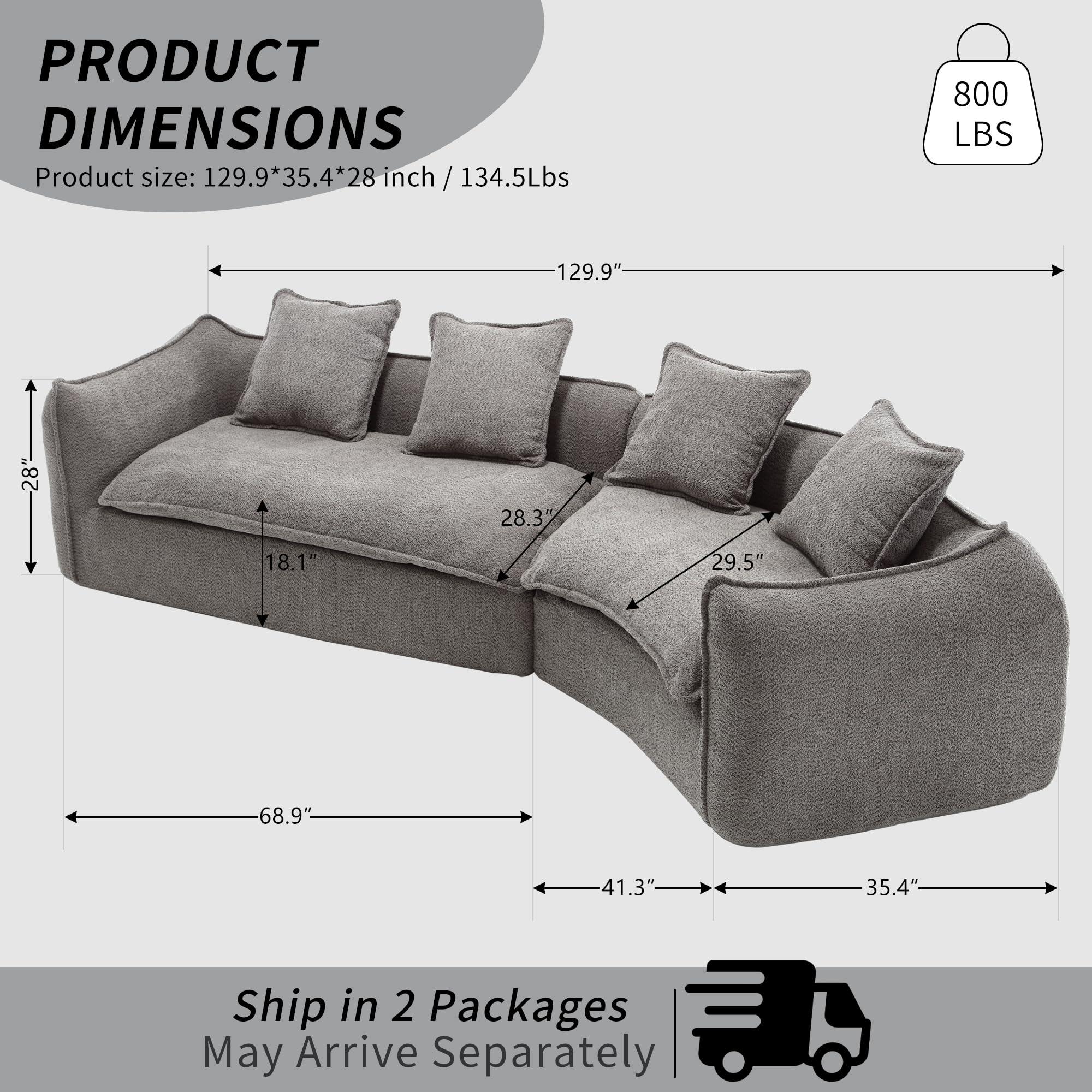 Haplized Haplized 129.9 Curved Boucle Sofa Couch, Modern Sectional Sofa Cloud Deep Seat Couch with 4 Pillows, Comfy Modular 4-Seat Couches for Living Room Apartment (Grey)