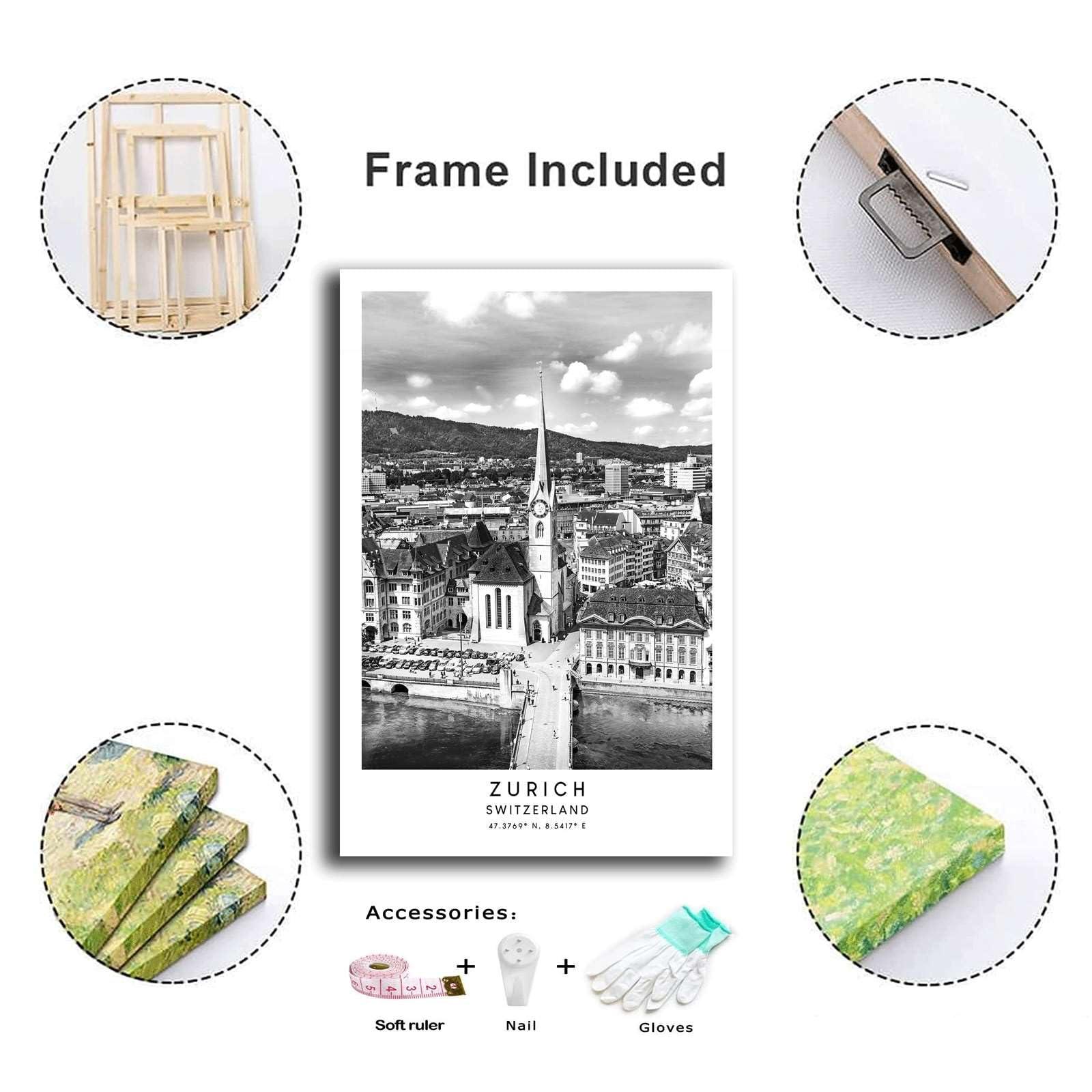 GHTYER Canvas Posters and Prints Wall Art Pictures Zurich Travel Print Black And White Zrich Switzerland Poster Zurich City Print Minimalist Zurich Wall Art Kitchen Dining Room Wall Home Decoration 16x24inch wood Frame