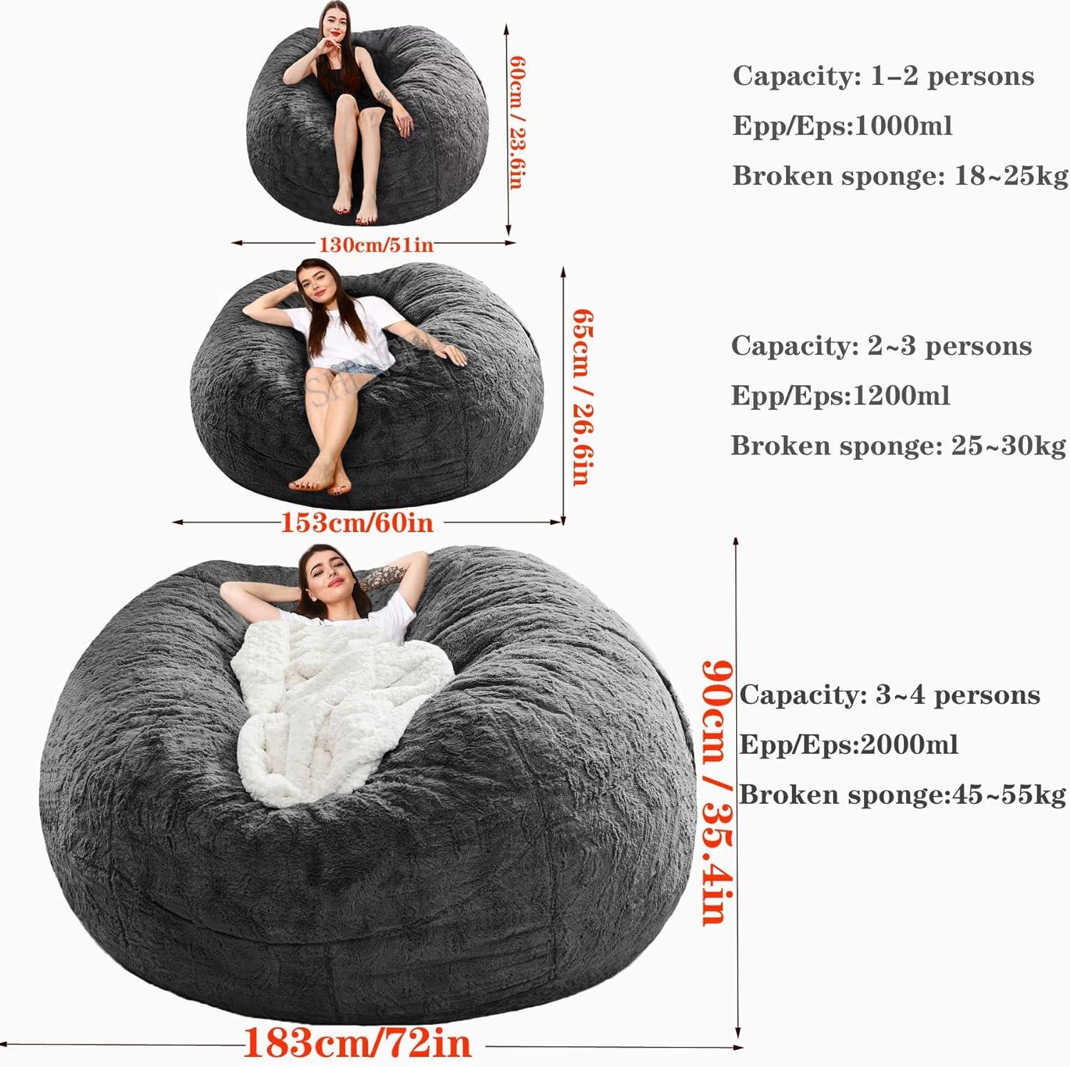 HYTRDFS HYTRDFS Bean Bag Chair, Large Bean Bag Chairs for Adults/Kids with Memory Foam Filled, Removable PV Velvet Cover, Round Bean Bag Couch for Living Room Bedroom College Dorm (7ft,Grey)