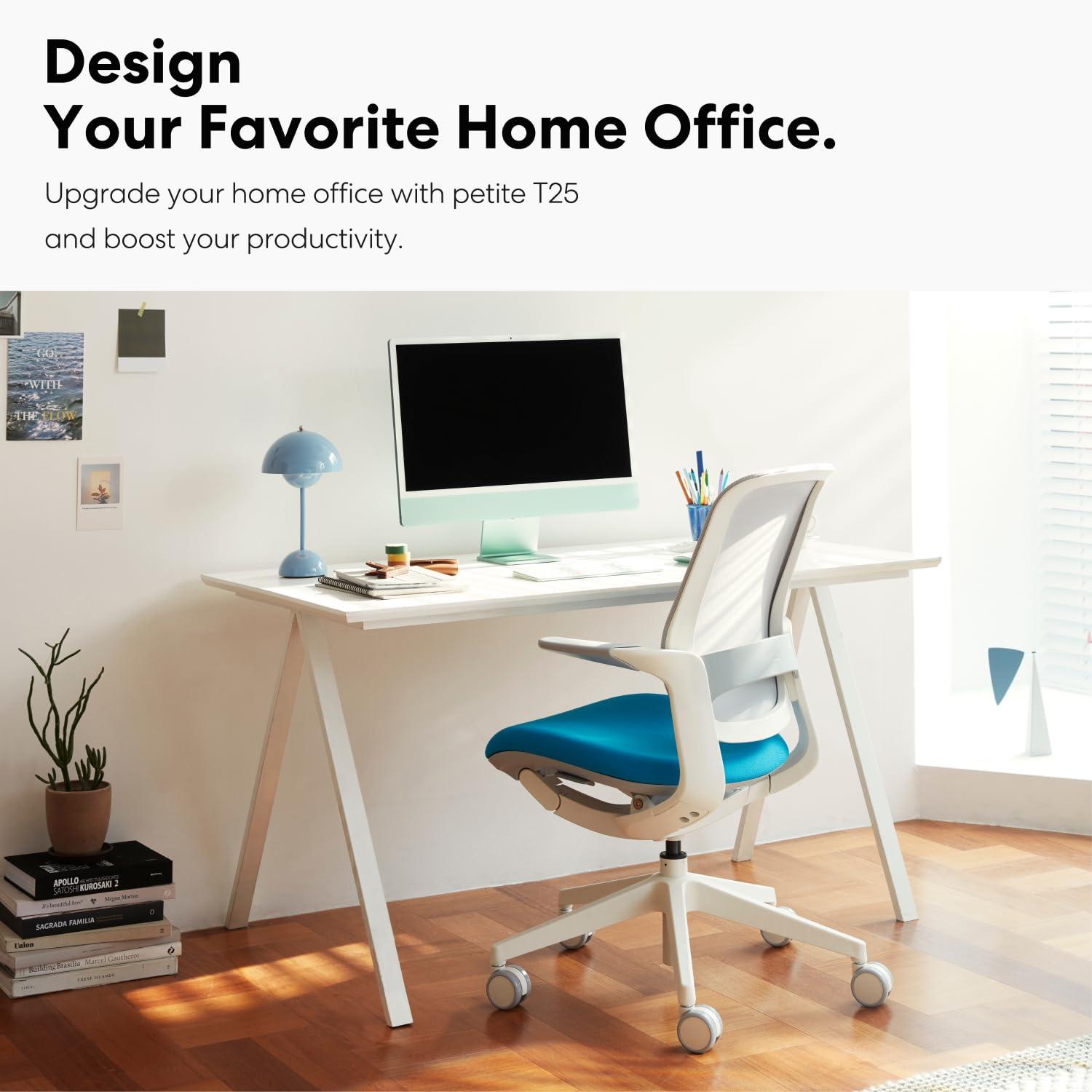 SIDIZ SIDIZ T25 Petite Ergonomic Office Chair : Home Office Desk Chair for Petite Women (4' 9" or Over), Adjustable Seat Height, Weight-Activated Auto Fit Tilt, Gaming Chair (White Mesh, Bright Blue Seat)