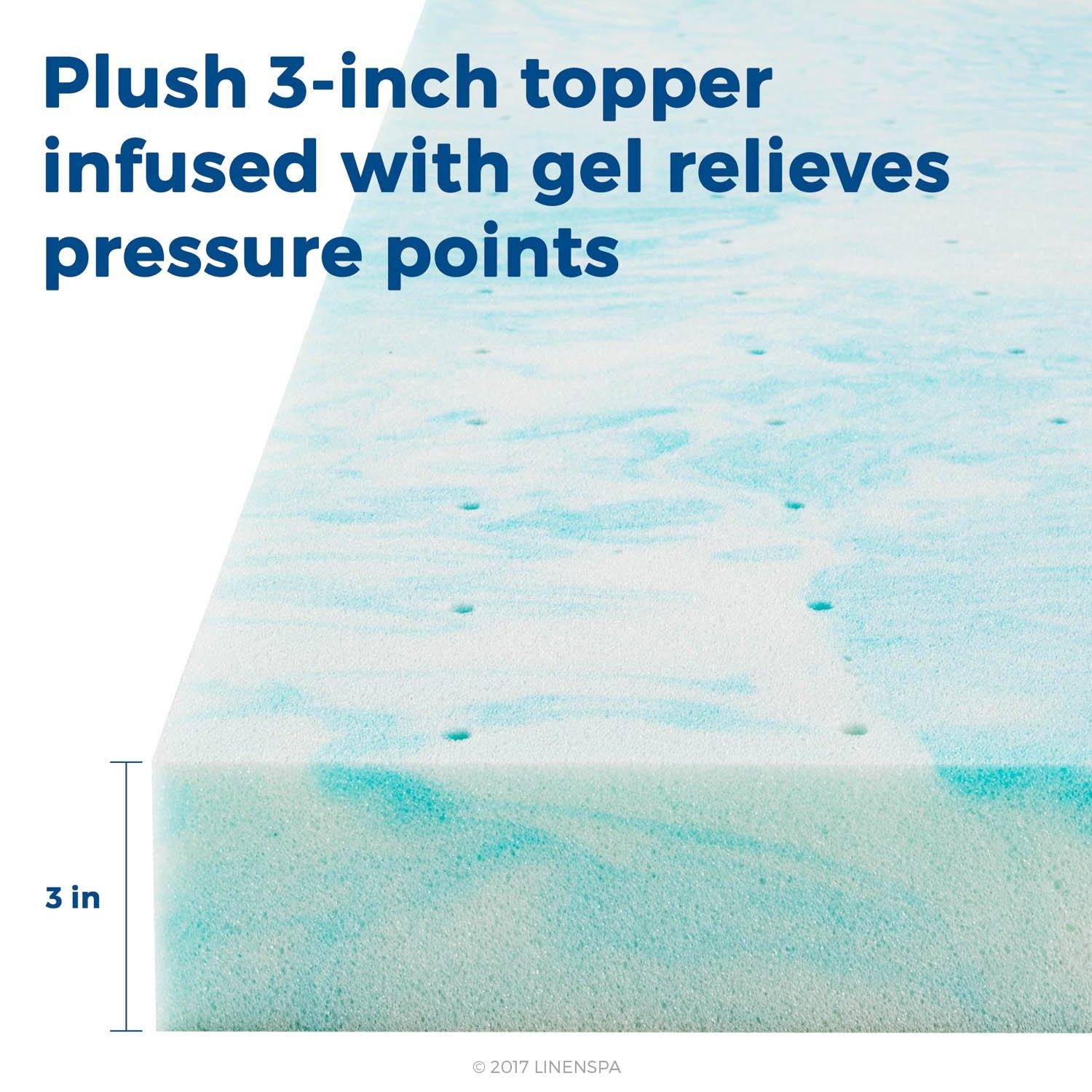 Linenspa LINENSPA 3 Inch Gel Swirl Memory Foam Mattress Topper Cooling Gel Infused Pressure Relieving CertiPUR Certified - Queen