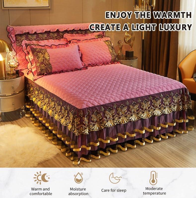 XMAYODS Luxury Velvet Bed Skirts Full /King/Queen 3 Piece Quilted Mattress Protective Cover with 2 Pillow, Thick Cover Bed Skirt with Bedskirt, 18 Inches Deep Ruffle Drop Fitted Sheet Bedspread ( Color : #26