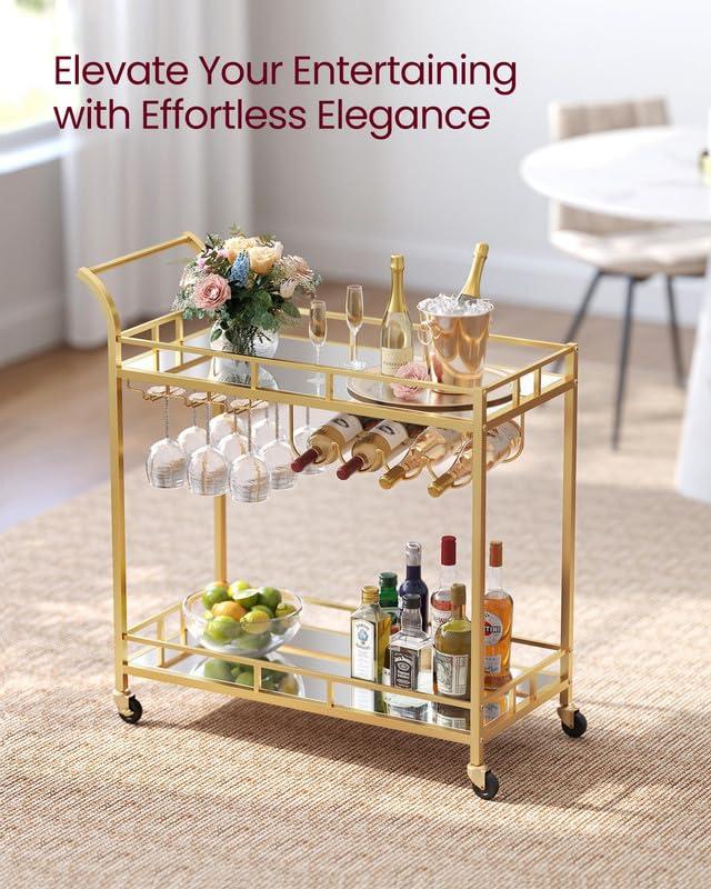 VASAGLE VASAGLE Bar Cart Gold, Home Bar Serving Cart, Wine Cart with 2 Mirrored Shelves, Wine Holders, Glass Holders, for Kitchen, Dining Room, Gold ULRC090A03