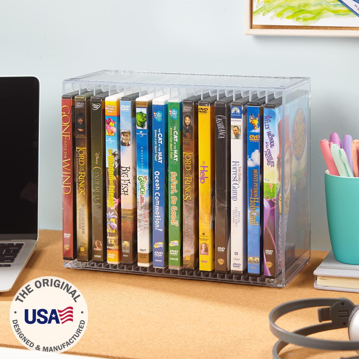 STORi STORi Stackable Clear Plastic DVD Organizer with Rubber Feet | Rectangular Holder Perfect for Theater Room | Holds up to 14 Standard DVD Cases | Made in USA