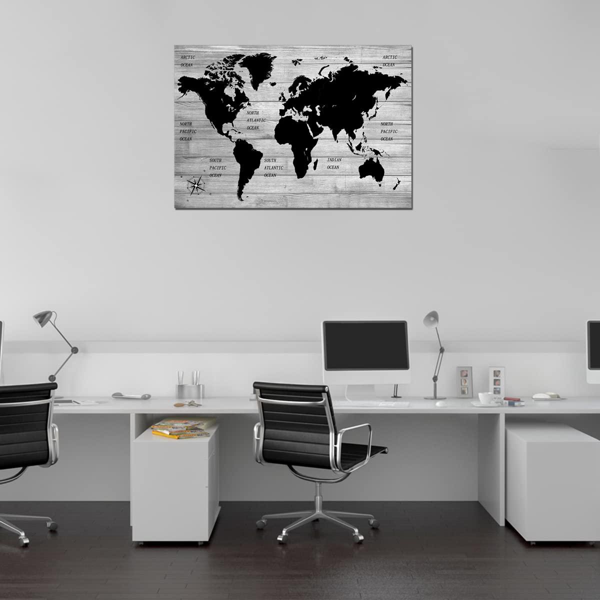 TAOMI World Map Black Grey White Wooden Grain Painting Artwork for Office Bedroom Wall Art Poster Large Frame Home Decorations Greyscale Minimalist Picture