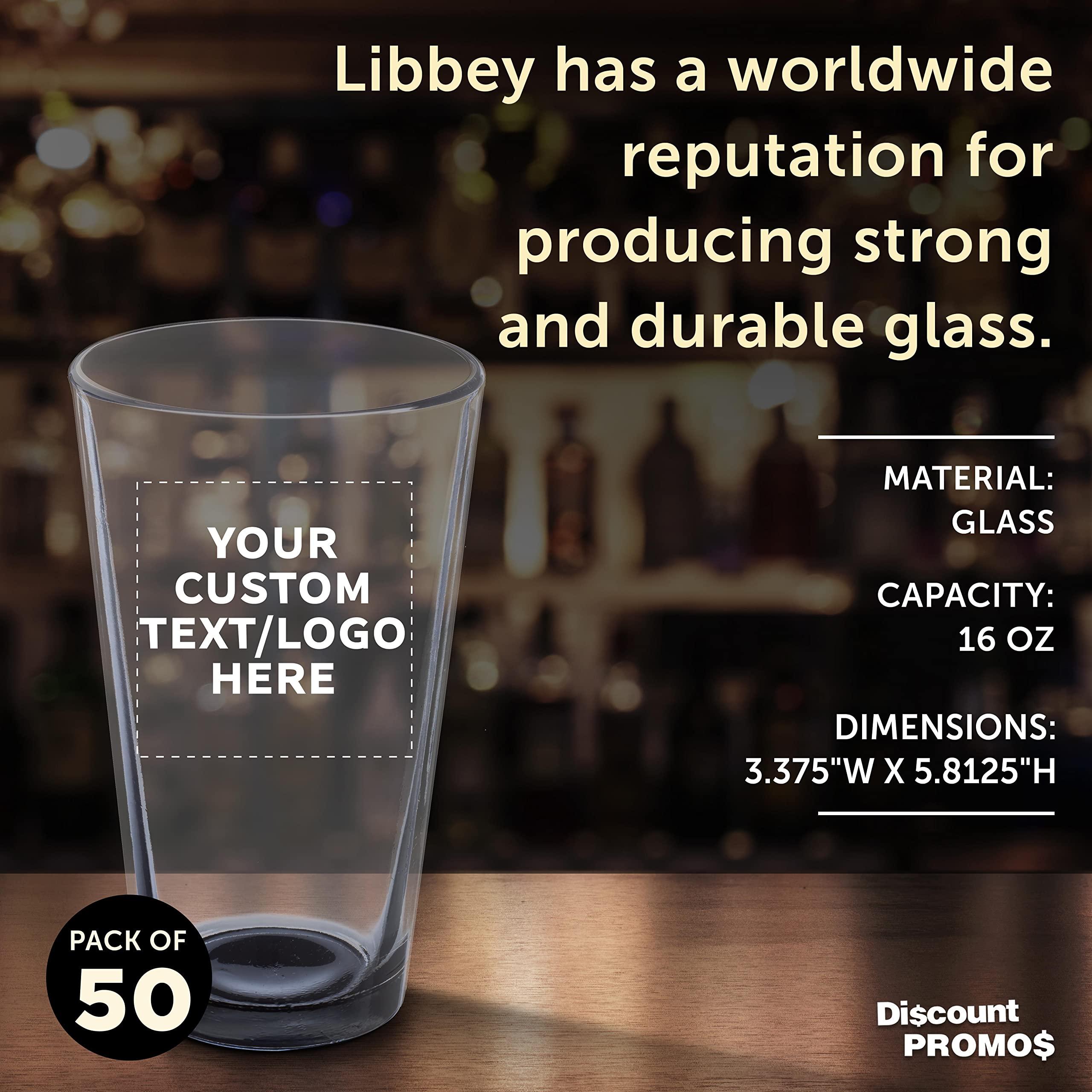 DISCOUNT PROMOS Custom Libbey Pint Glass 16 oz. Set of 50, Personalized Bulk Pack - Beer Glasses, Heavy Duty Drinkware - Black
