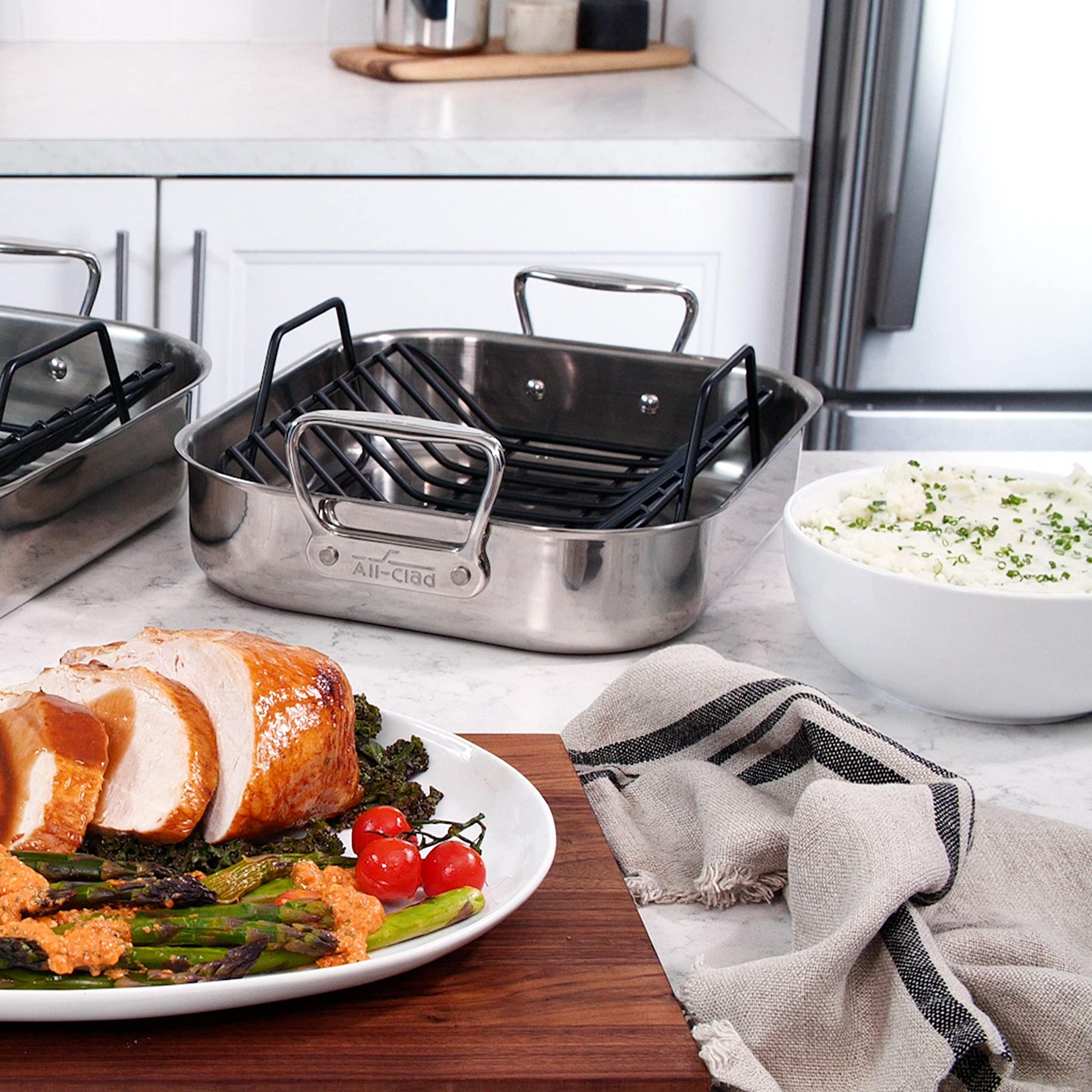 All-Clad All-Clad Specialty Stainless Steel Roaster with Nonstick Rack 11x14 Inch Oven Broiler Safe 600F Roaster Pan, Pots and Pans, Bakeware, Silver