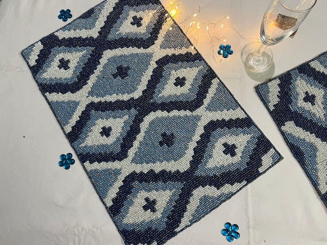 HM CREATION HM CREATIONS Set of 6 Placemats, Handmade Beaded Placemats, Geometrical Tablemats, Designer Charger Plates 12X15Inches (6)