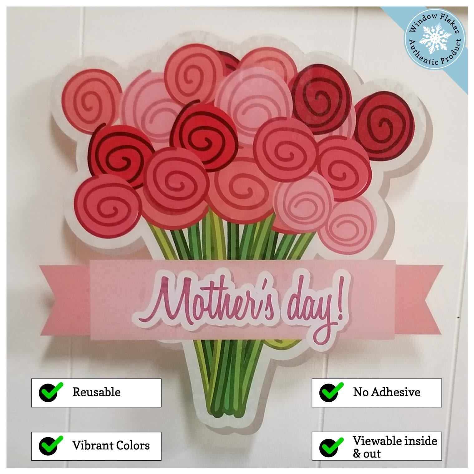 Window Flakes Happy Mothers Day Window Clings - Flower Bouquet - Mother\'s Day Window Stickers - Decorative Vinyl Spring Window Cling - Mothers Day Window Decoration
