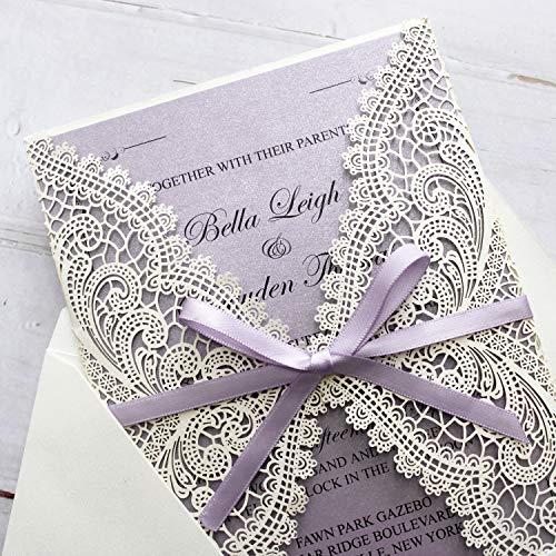 Picky Bride Picky Bride 25-Pack Lavender Purple Wedding Invitations with Ribbon Bow and Envelopes, 5x7 Invite Cards for Wedding/Bridal Shower/Birthday Party, 125 x 185mm (Purple)