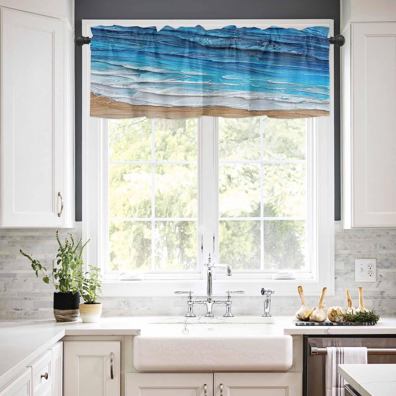 Double Love Blue Coastal Waves Valance Curtains for Living Room/Bedroom/Bathroom/Kitchen Window,Ombre Abstract Ocean Beach Minimalist Painting Rod Pocket Drape Curtains Small Cafe Drapery,1 Panel Valance 42"x12"