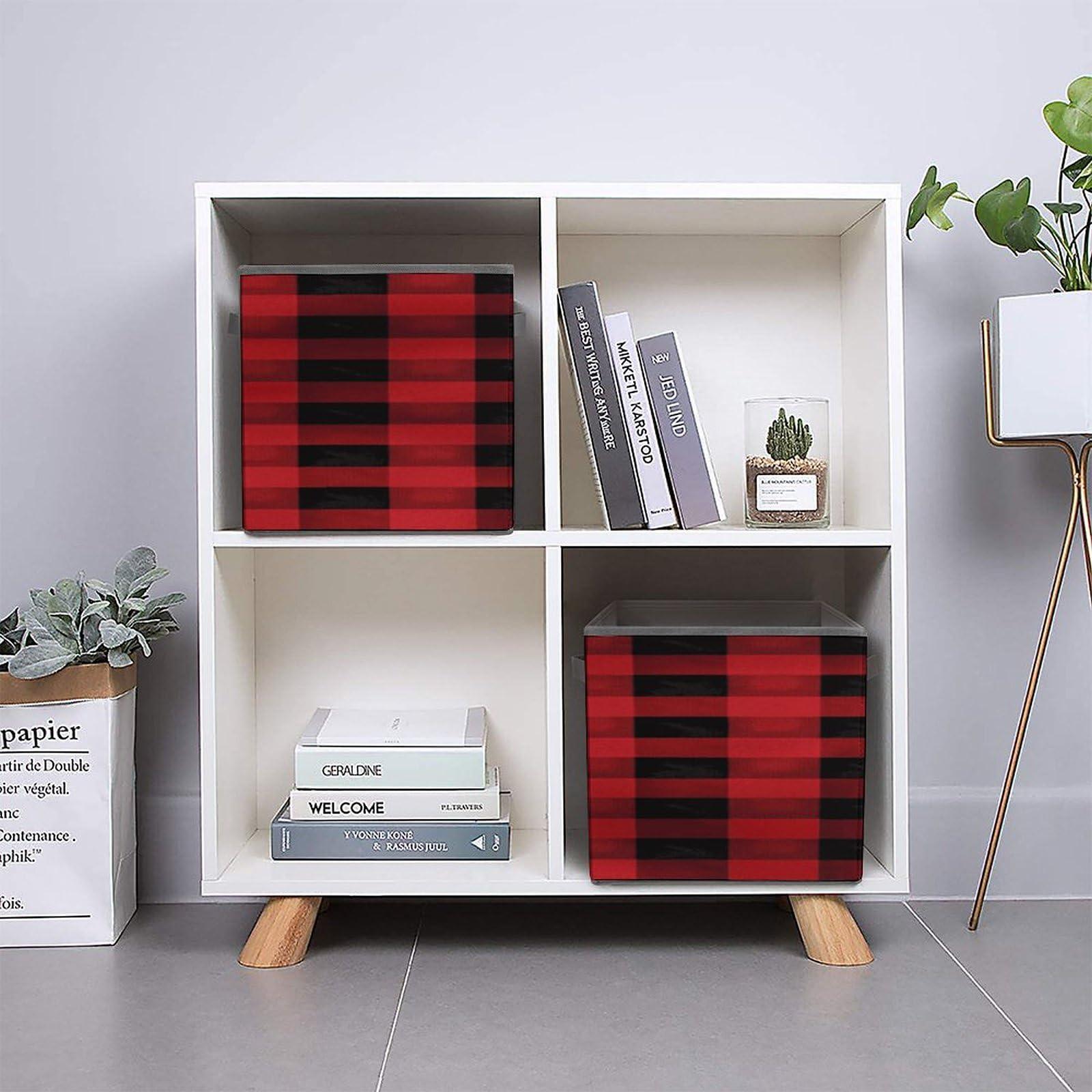 BFGWK Red Black Buffalo Check Plaid Pattern Printing Storage Basket Folding Storage Bins Fabric Cube Organizer With Handle For Closet Utility Room