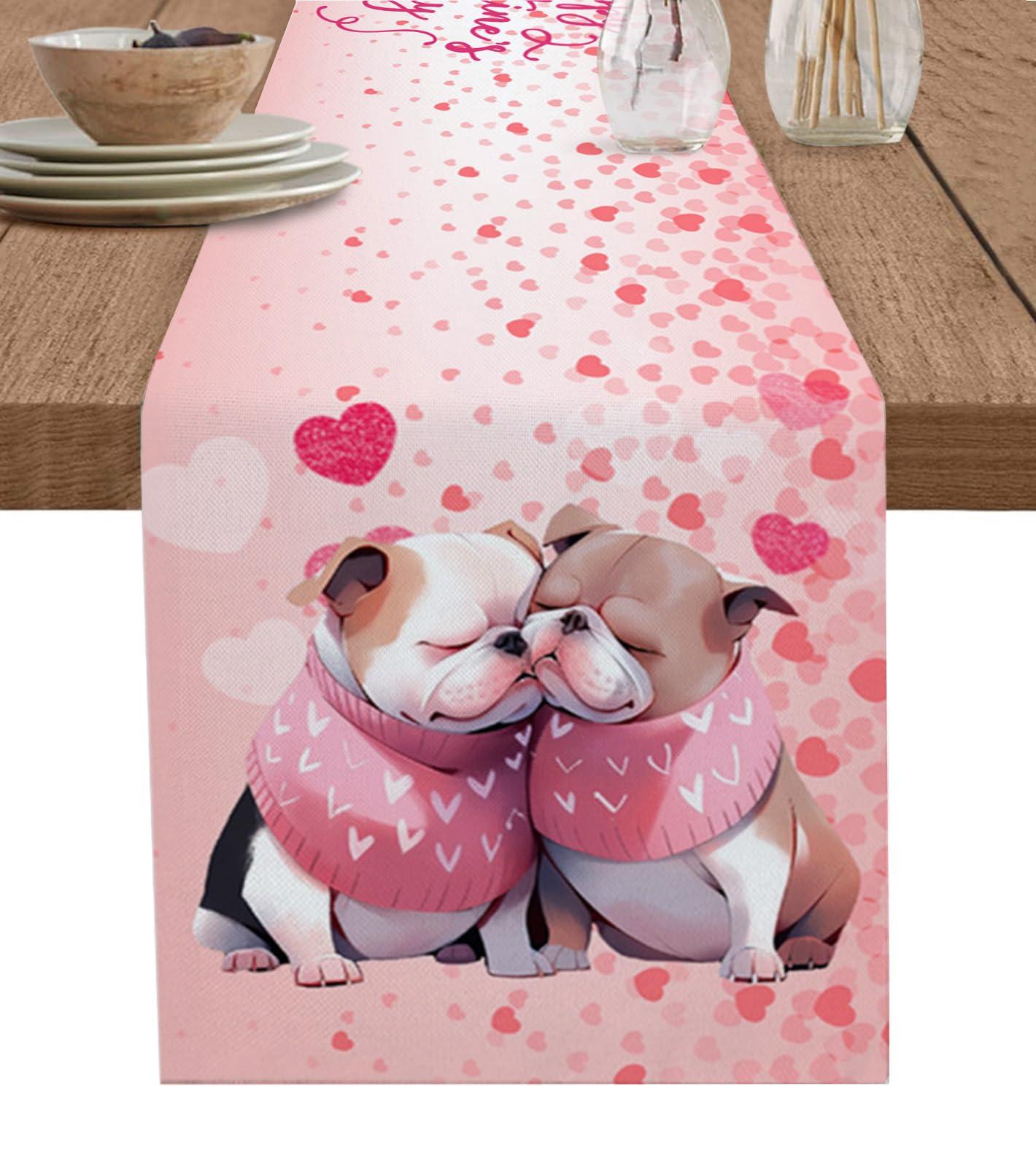Falaniique Valentine\'s Day Table Runner 90 Inches Long, Cotton Linen Kitchen Dinner Table Runners, Burlap Tablerunner for Dresser/Dining/Party/Wedding, Romantic Dogs Sweet Heart Love Pink
