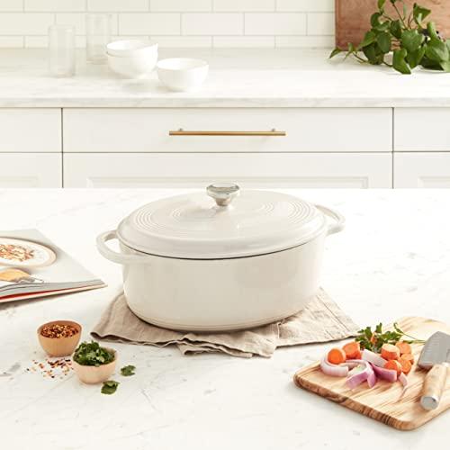 Lodge Lodge 7 Quart Enameled Cast Iron Oval Dutch Oven with Lid Dual Handles Oven Safe up to 500 F or on Stovetop - Use to Marinate, Cook, Bake, Refrigerate and Serve Oyster White