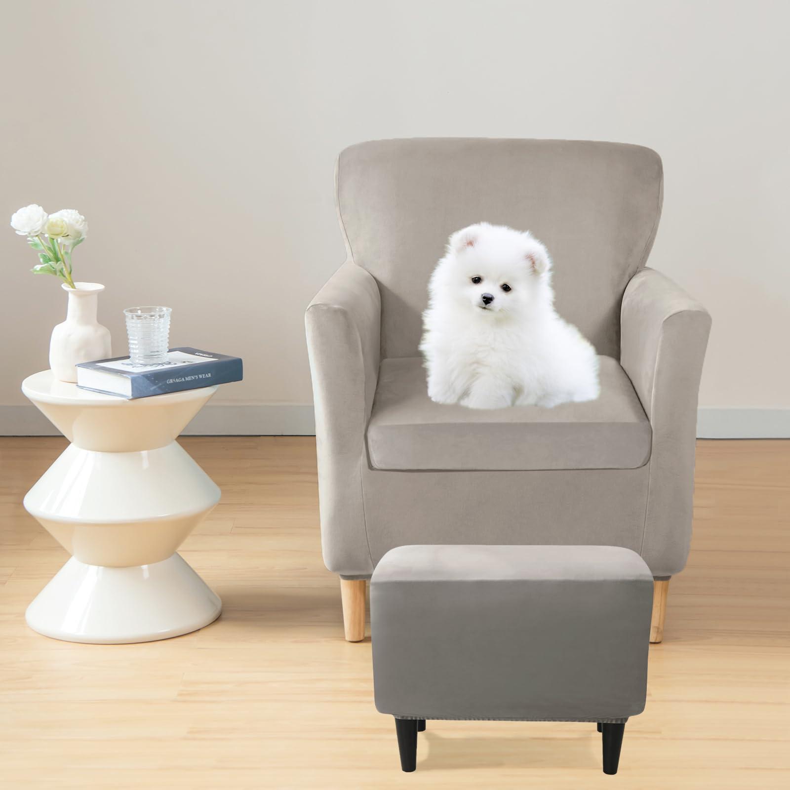 UNBBRRL UNBBRRL Chair and Ottoman Slipcover Set, Stretch Velvet Chair and Ottoman Cover, Banquet Armchair Covers for Living Room (Light Gray,Chair+ Seat+ Rec Ottm)