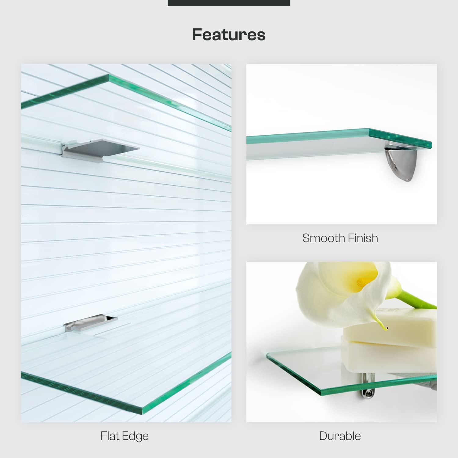 Fab Glass and Mirror Fab Glass and Mirror Rectangle Floating Glass Shelve, 12" X 24" Inches, 3/8 Thick Clear Glass with Flat Polished Edge-?Easy Installation with Screws, and Peacock Chrome Finish Brackets