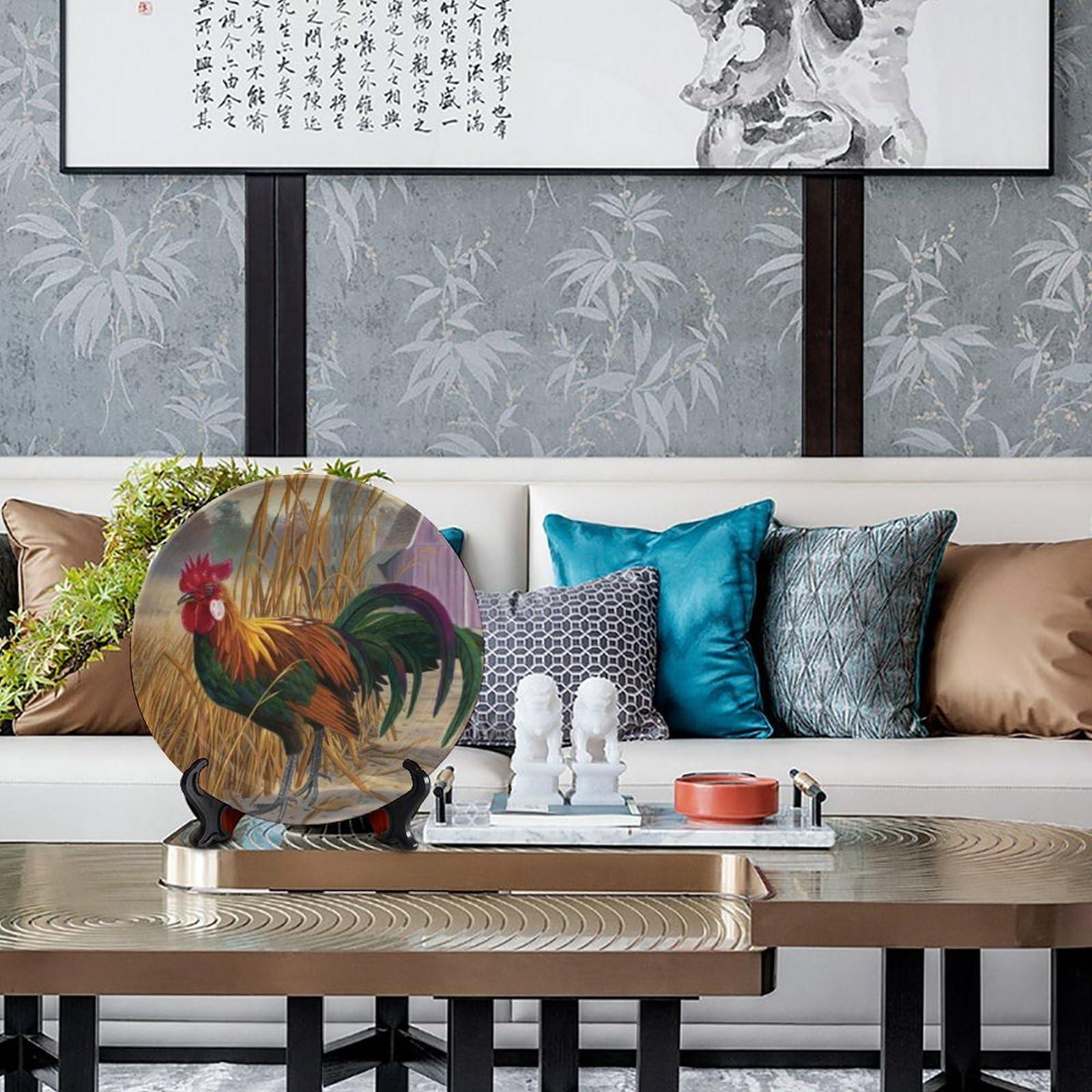 Bictucem Rooster Decorative Ceramic Plates, 6 Inch, Chicken In Rice Field Round Display Plate, Handmade Ceramic Ornament, Ceramic Craft for Wall Hanging Decorative