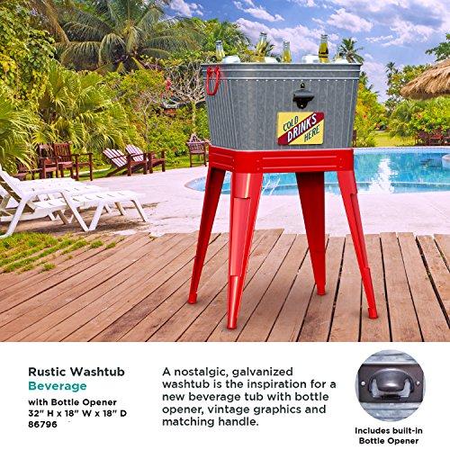Panacea Panacea 86796 1 Count Rustic Washtub Beverage Stand with Bottle Opener, 18” D x 17.5” W x 32.5” H, Red