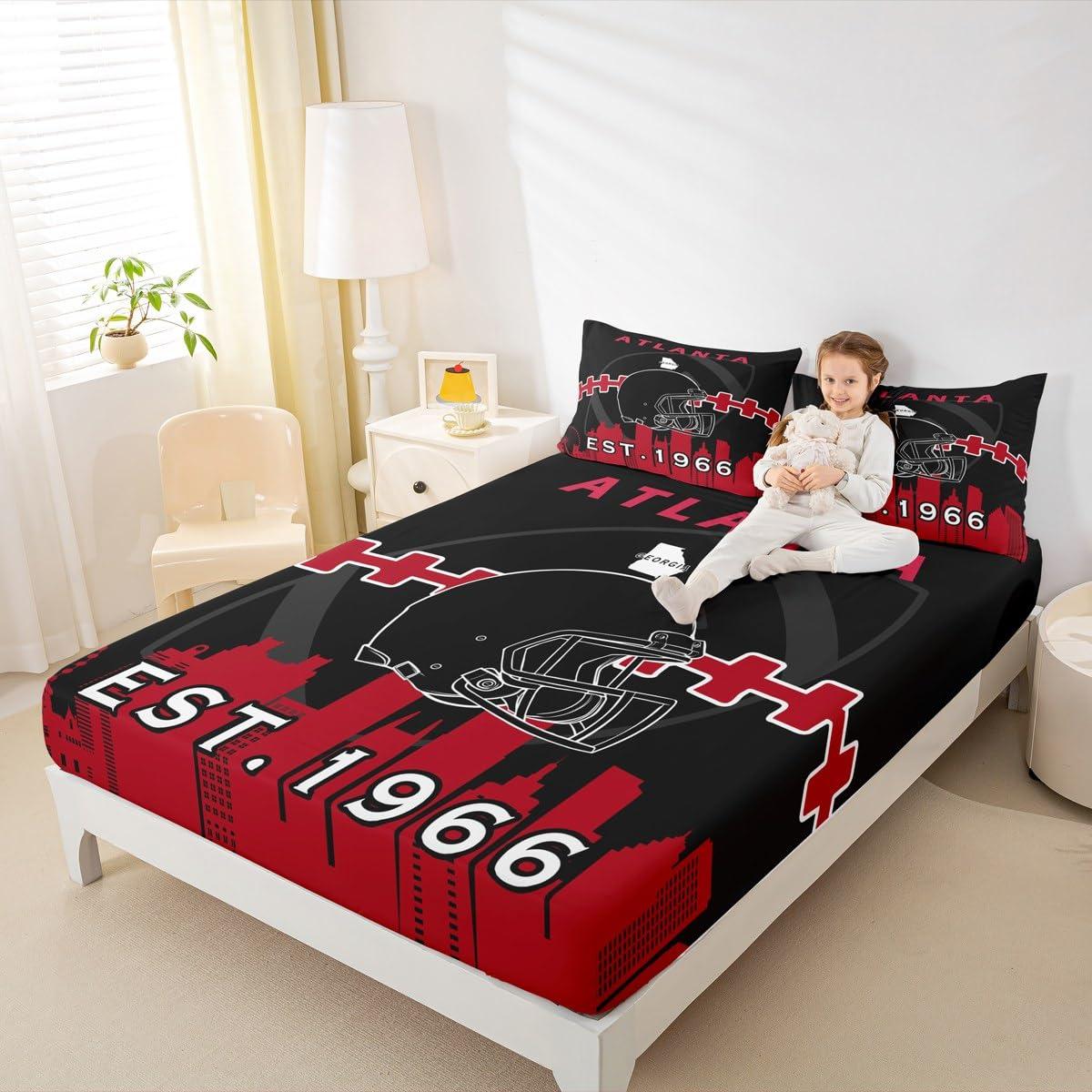 Erosebridal Erosebridal Football Fitted Sheet Twin Size for Football Fan,American Football Bed Sheets for Kids Boys Girls,Football Players Bed Set,Rugby Bedding Set with 1 Pillowcase(Atlanta),Black Red