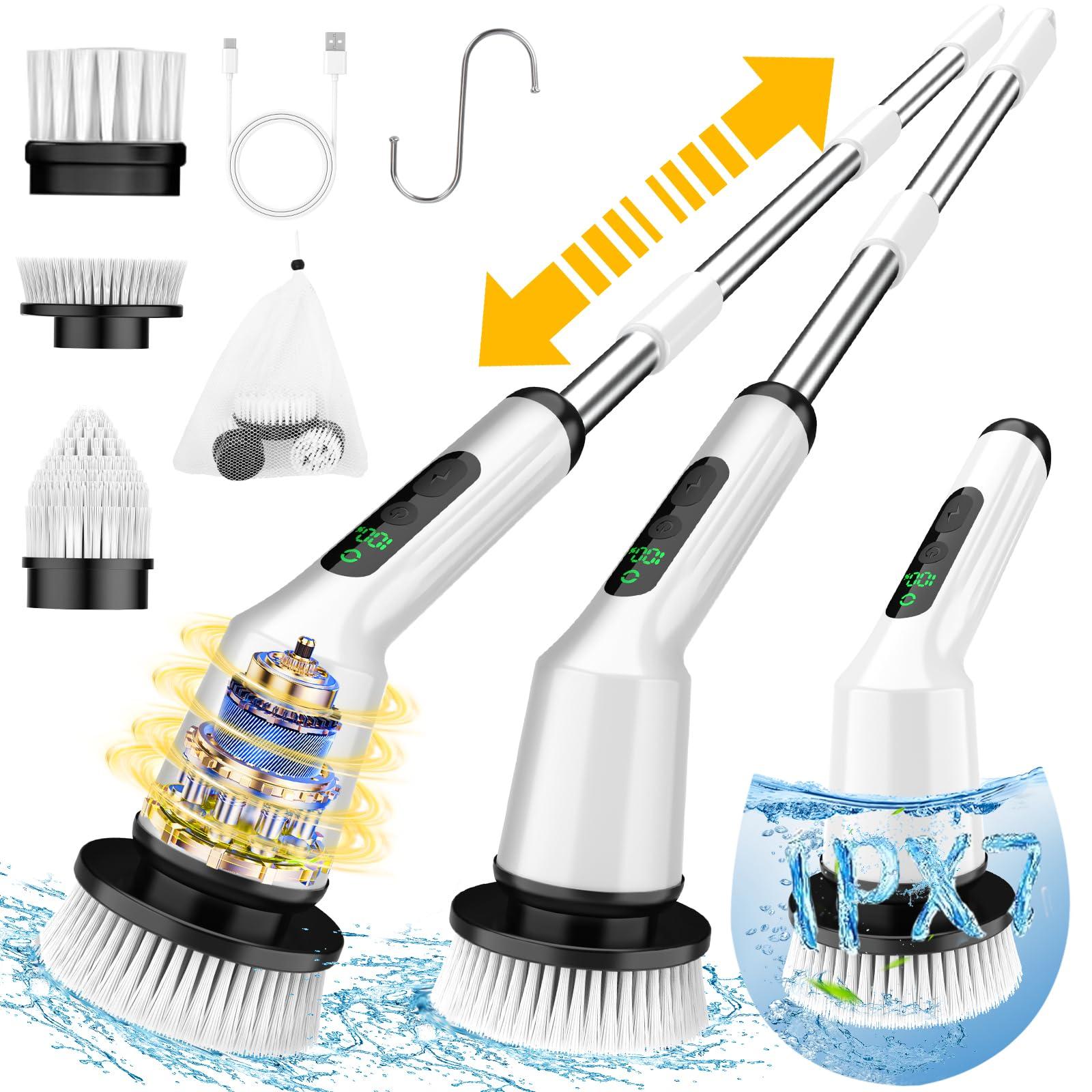 CTMAST Electric Spin Scrubber for Cleaning Bathroom, Shower Scrubber Cordless Cleaning Brush with IPX7 Waterproof & 2 Speed, 3 Brush Heads, Bathroom Cleaning Supplies for Shower Tub Kitchen Tile Toilet White