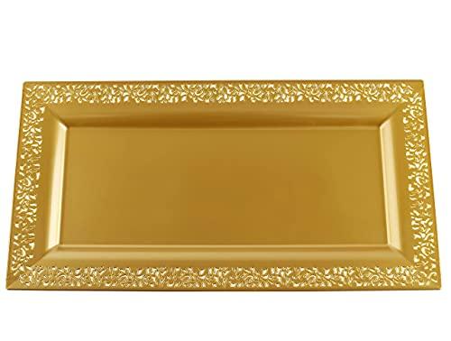 Yumchikel Decorative Plastic Serving Tray & Platter Set (2pk) - Gold Disposable Party Trays & Platters for Food - Weddings, Upscale Parties, Dessert Table, Cupcake Display - 14\"x7.5\" inches-Yumchikel
