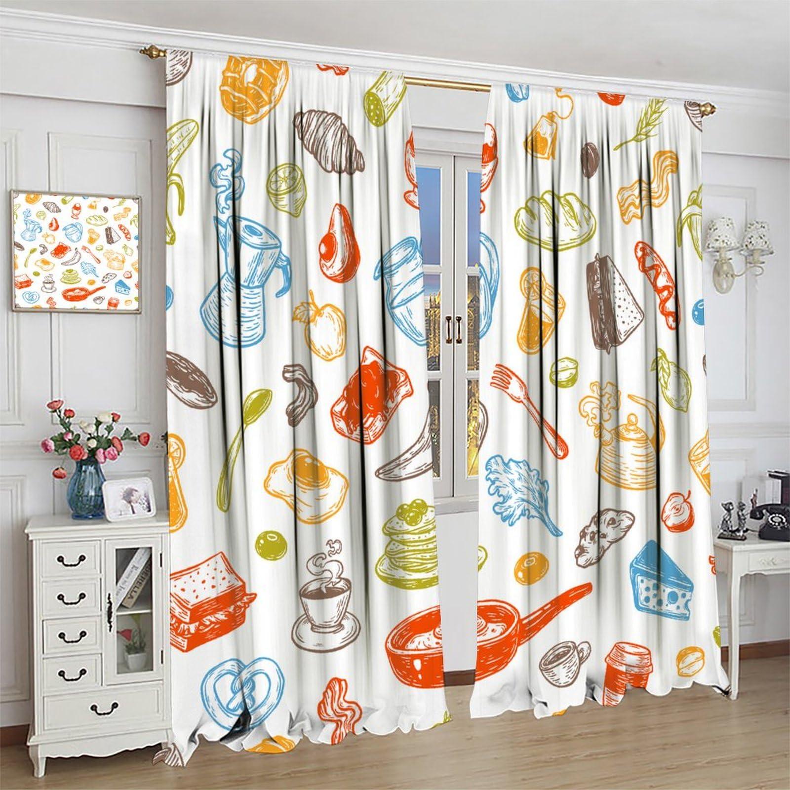 Chocolatemaoutdash Breakfast and Morning Blackout Curtains Vector Breakfast Food,Meal and Drinks Rod Pocket Thermal Insulated Drapes Darkening Window Curtain for Bedroom Living Room Kitchen 31.5x63in x 2