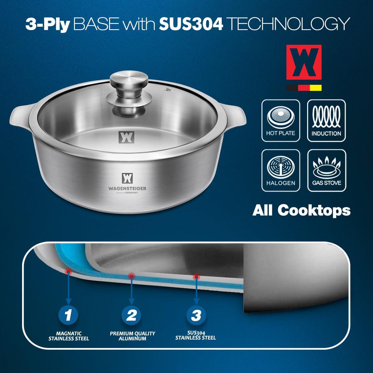 WAGENSTEIGER WAGENSTEIGER 4.18Quarts Stainless Steel Saut pan Casserole Pot with Tempered Glass Lid, Stock Pot, 3-Ply Construction with Aluminum Core, Stylish Design, Brushed Finish