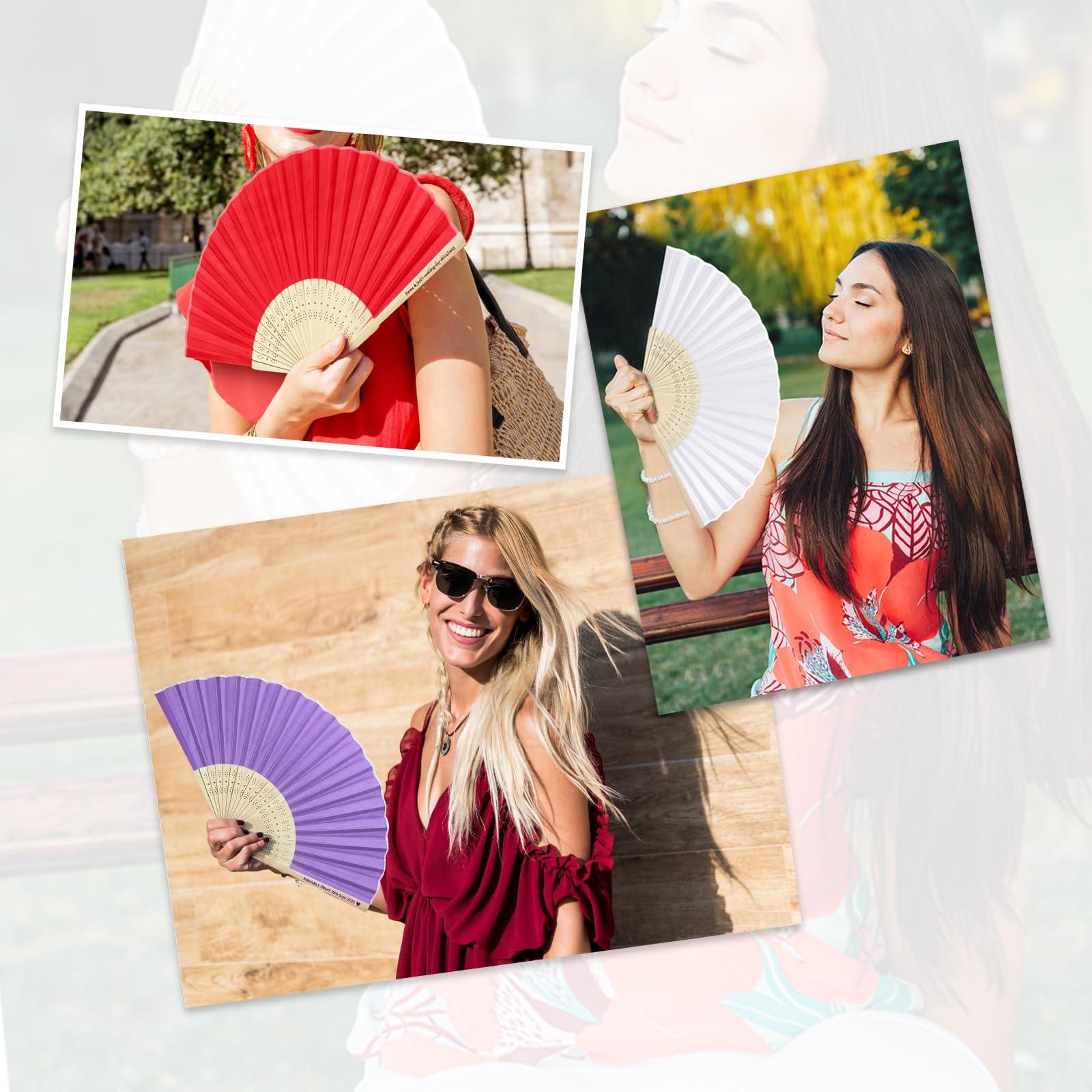 LYOUF 70pcs Personalized Fans for Wedding Favors Bulk, Custom Hand Fans for Guests/Bridal/Bridesmaid, Customize Silk Decorative Folding Fans Women Foldable, Birthday Party Fans Gifts, Bamboo Fan Dark Blue