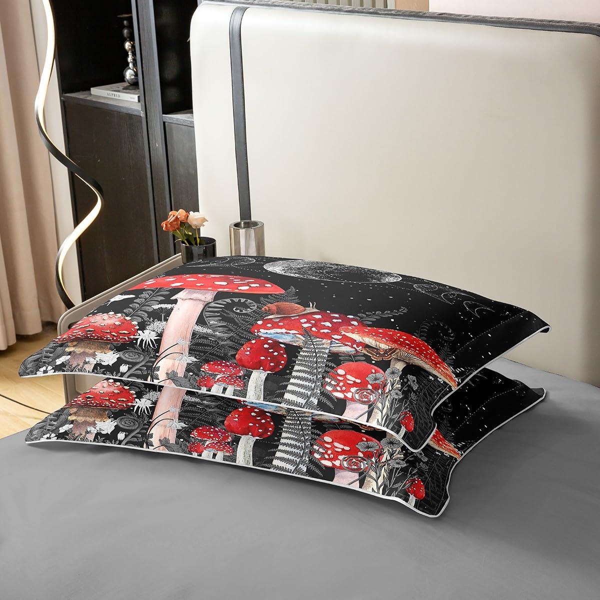 Castle Fairy King Size 3 Pcs Red Mushroom Duvet Cover 100% Cotton Sun Moon Exotic Starry Galaxy Bedding Set for Kids Teens Adults Wild Botanical Burgundy Plants Comforter Cover with 2 Pillowcases(No Comforter)