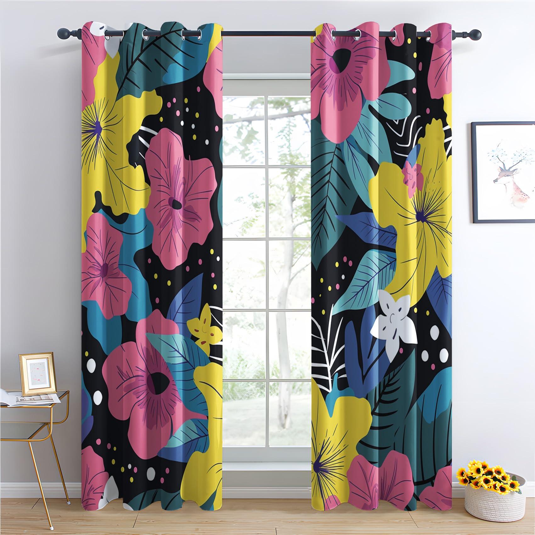 HomeLoft Basics Colorful Floral Curtains, Flower Blackout Curtains for Living Room, Botanical Drapes, Bedroom Curtains, Thermal Insulated & Soft, Room Darkening Grommet Curtains, 2 Panels, 42Wx63L QL69&