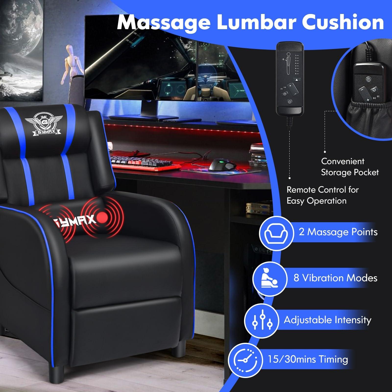 GYMAX GYMAX Gaming Recliner, Massage Gaming Chair w/Adjustable Footrest, Remote Control & Side Pocket, Ergonomic Game Lounge Chair, Racing Style Single Theater Seat Game Sofa for Adults (Blue)