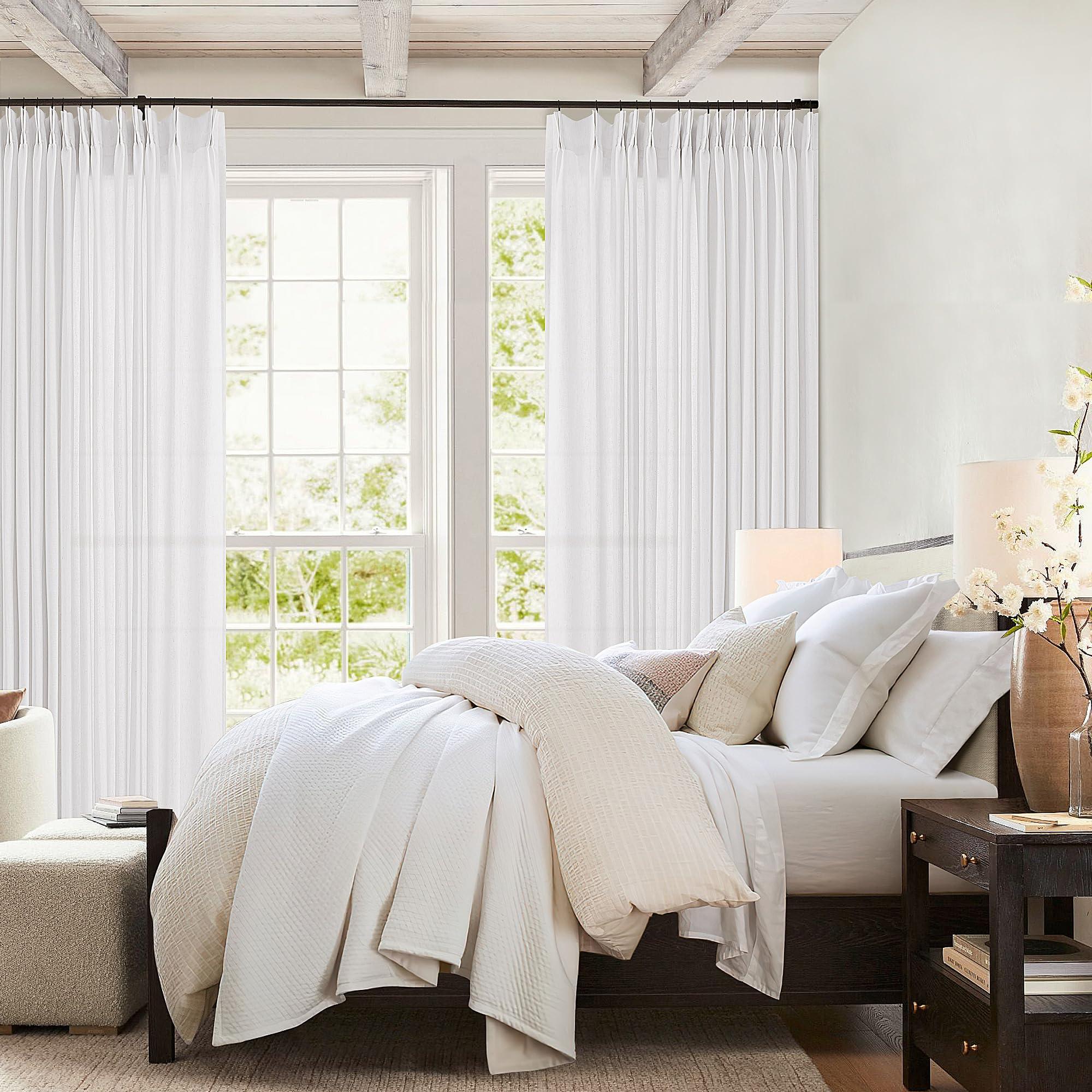 DUKIYO White Linen 100 Inch Wide Curtains 90 Inches Long for Living Room Divider Light Filtering Semi Sheer Modern Farmhouse Pleated Curtain with Hooks Rings for Patio Sliding Door Dining Room Large Window