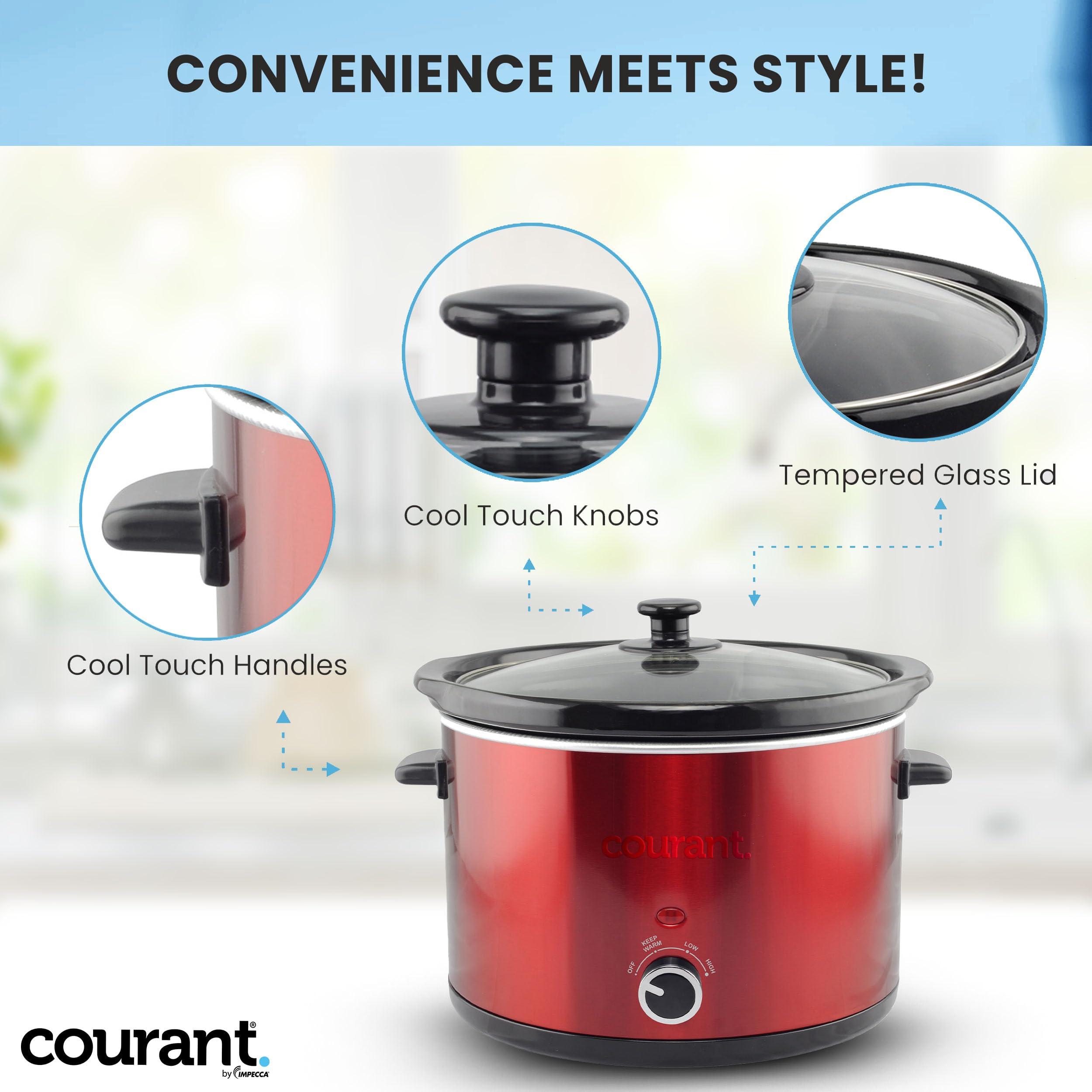 Courant Courant 5 Quart Slow Cooker with Removable Ceramic Insert, & Glass Lid With Three Temperature Settings Red