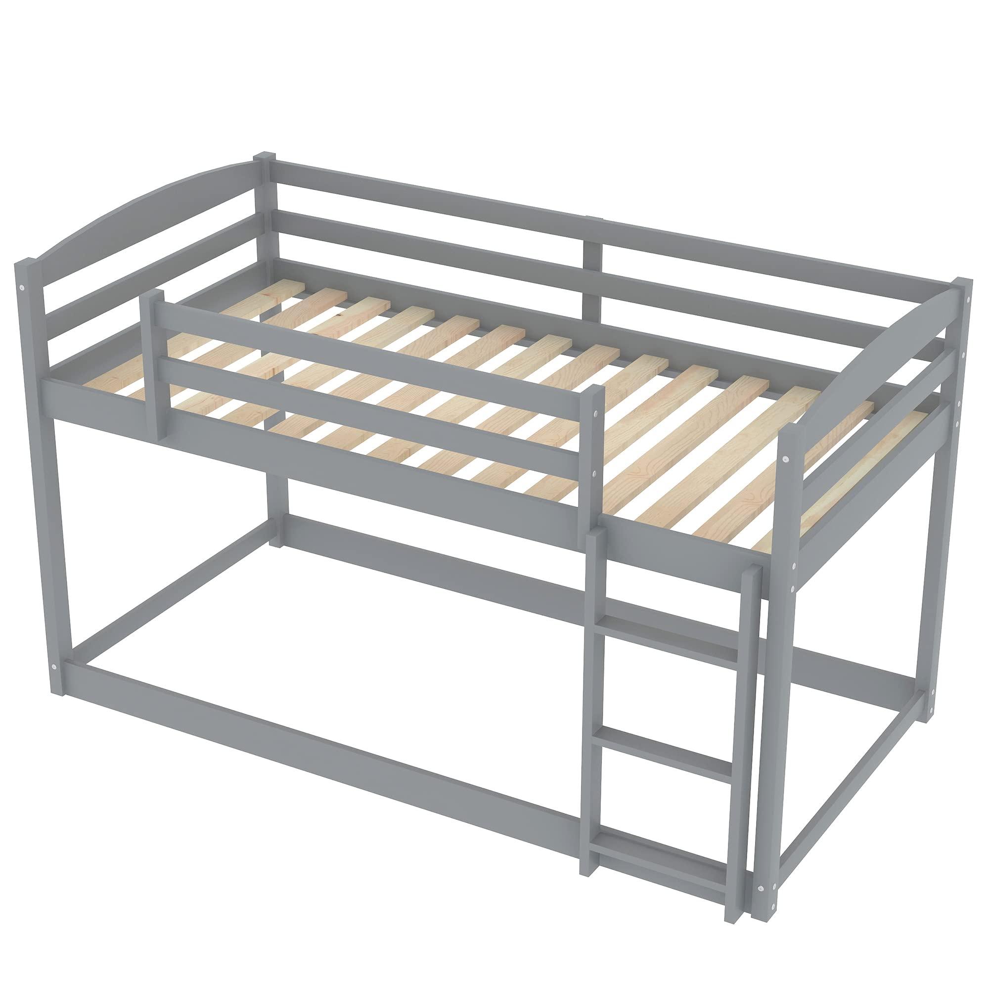 Harper & Bright Designs Harper & Bright Designs Low Bunk Bed Twin Over Twin, Wood Twin Bunk Bed Frame with Ladder and Guardrails, Kids Low Bunk Beds for Kids, Toddlers, Teens No Box Spring Needed (Gray)