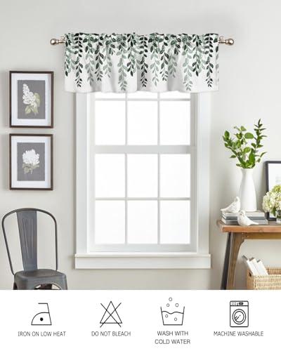 Onekaccu Onekaccu Kitchen Curtains Valances for Windows, Sage Green Leaves Valance Curtains Rod Pocket Short Curtains for Living Room Bedroom Small Window Treatment Seaonal Botanical Silhouette 60\"x18\"