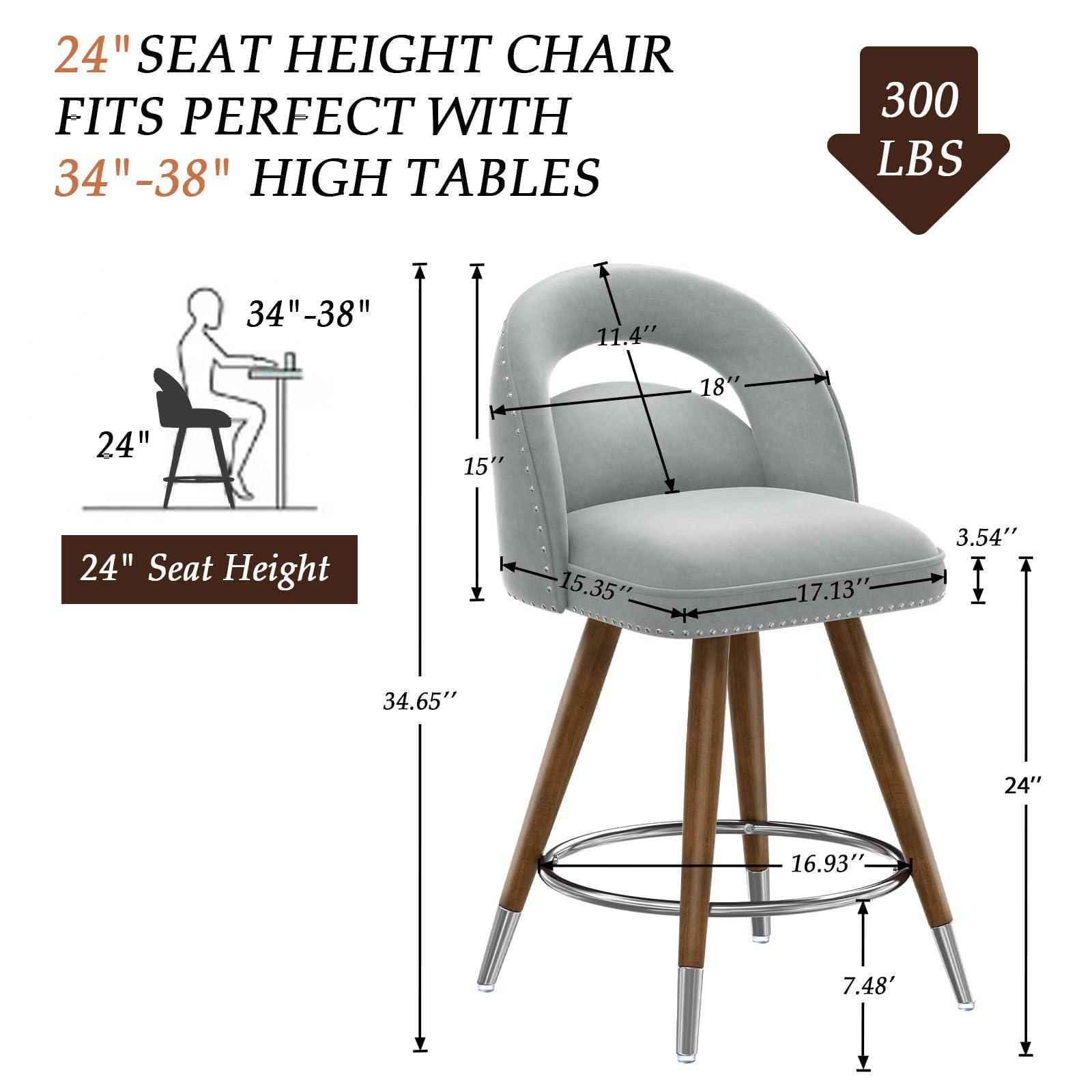 GYI GYI Counter Height Bar Stools Set of 2, 24 Inch Swivel Velvet Counter Stools with Backs, Solid Wood Legs for Kitchen Island, Velvet in Light Grey